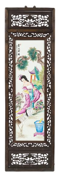 A Set of Four Famille Rose Porcelain Plaques Height of plaque 28 3/4 x width 8 1/4 inches.