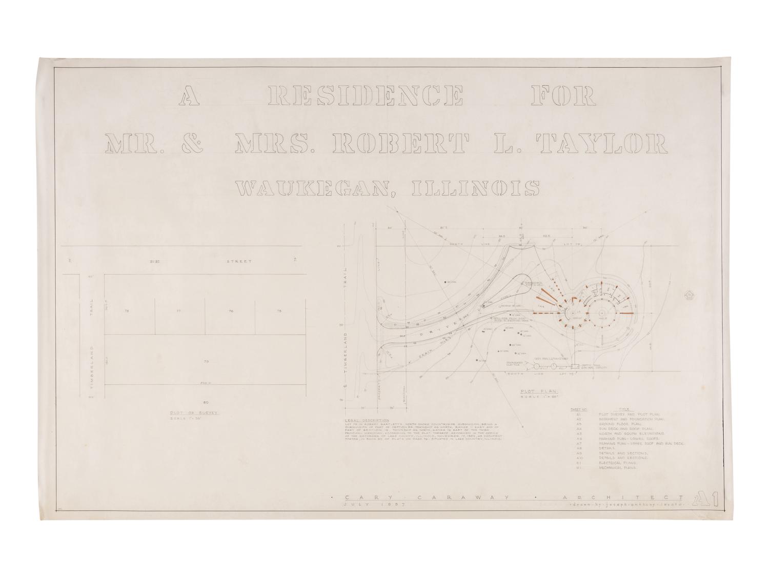 CAREY, Jesse Claude "Carey" (1917-1994). A group of original architectural drawings, blue prints, and plans, comprising drawings and printed plans of: