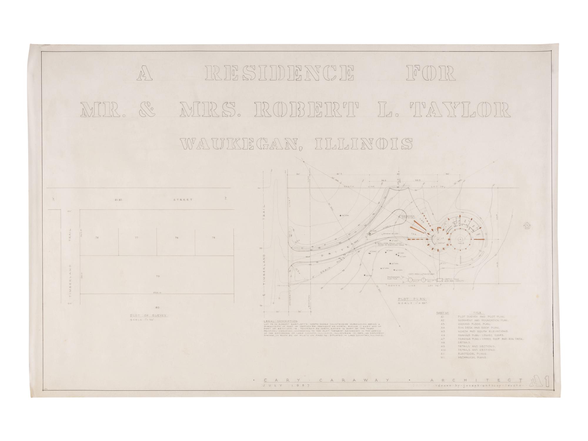CAREY, Jesse Claude "Carey" (1917-1994). A group of original architectural drawings, blue prints, and plans, comprising drawings and printed plans of: