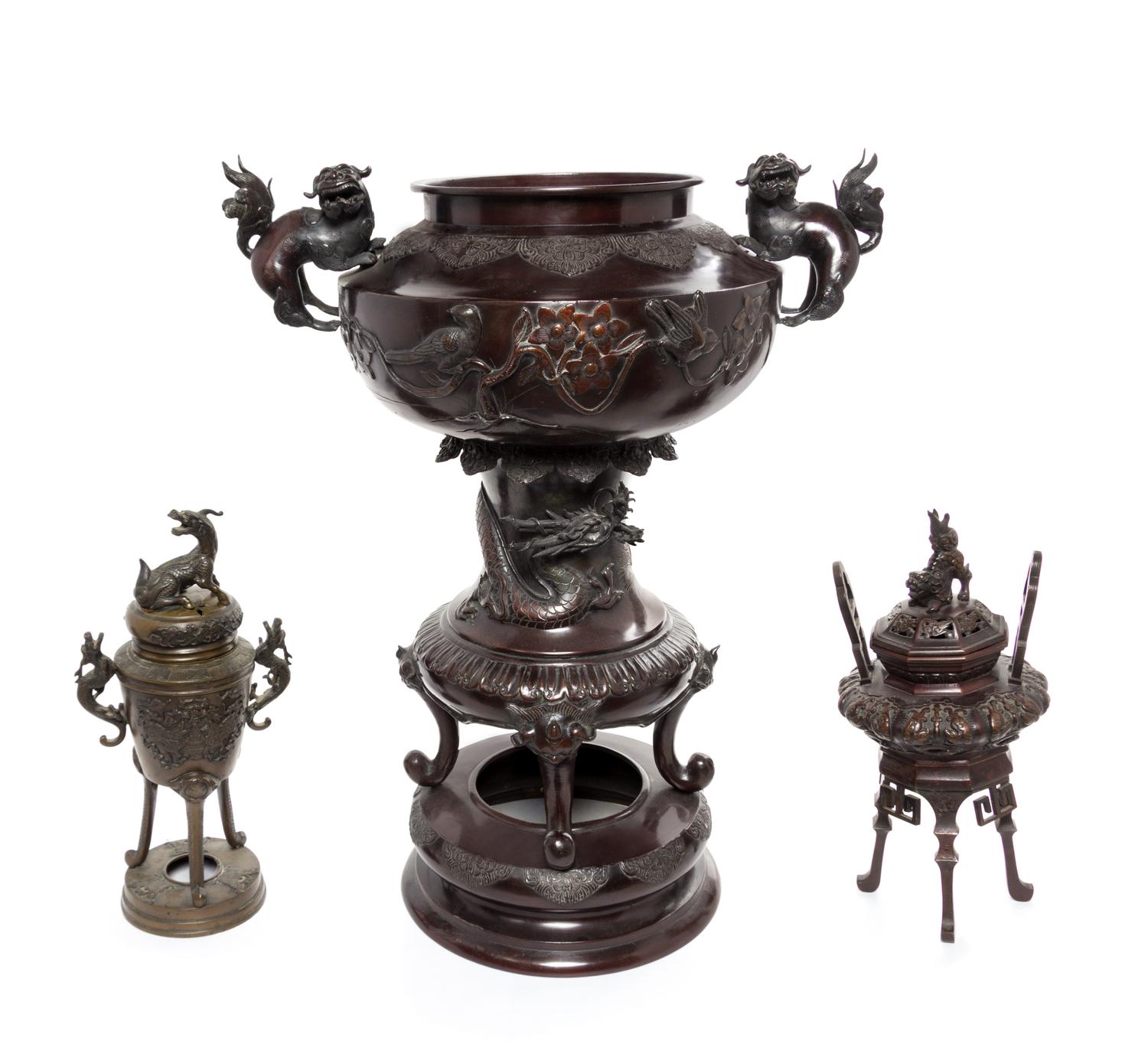 Three Japanese Bronze Incense Burners Height of largest 24 inches. — 19TH CENTURY
