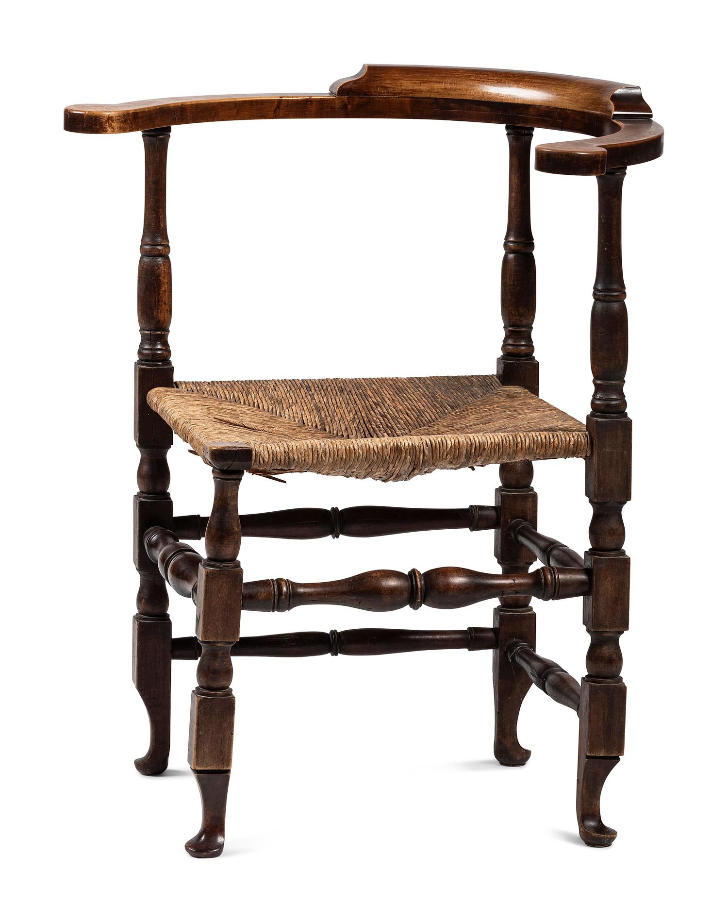 A Rare Country Queen Anne Maple and Cherrywood Rush Seat Corner Chair