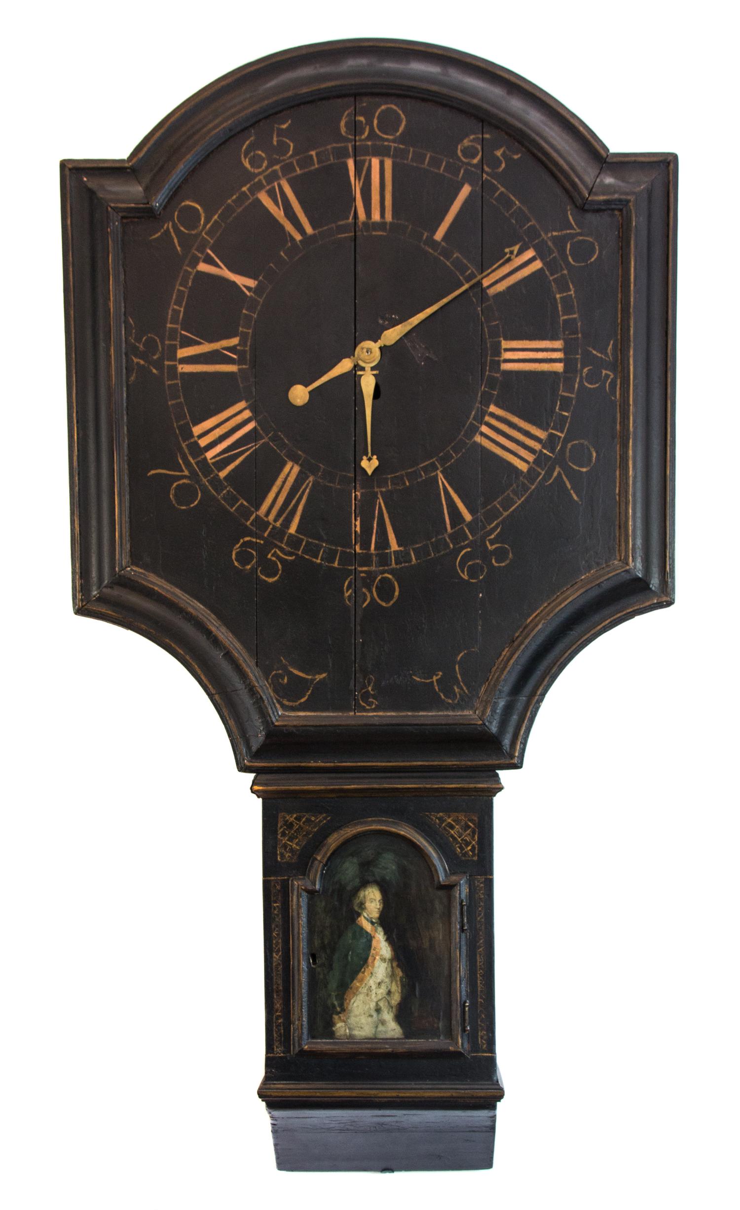 A George III Black and Gilt Tavern Clock Height 59 x width 31 inches. — 18TH CENTURY