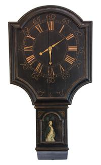 A George III Black and Gilt Tavern Clock Height 59 x width 31 inches. — 18TH CENTURY