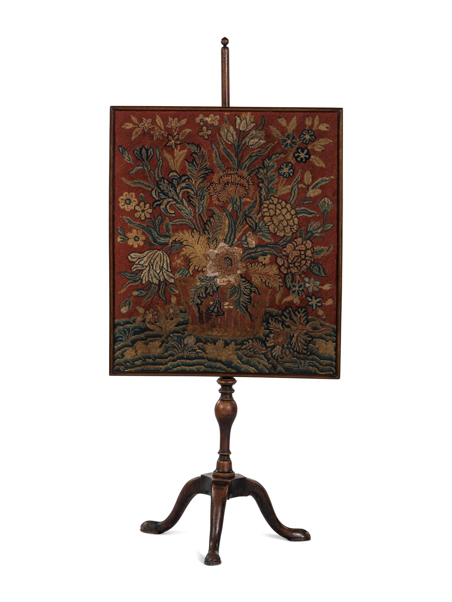A George I Carved Walnut and Needlework Paneled Pole Screen
