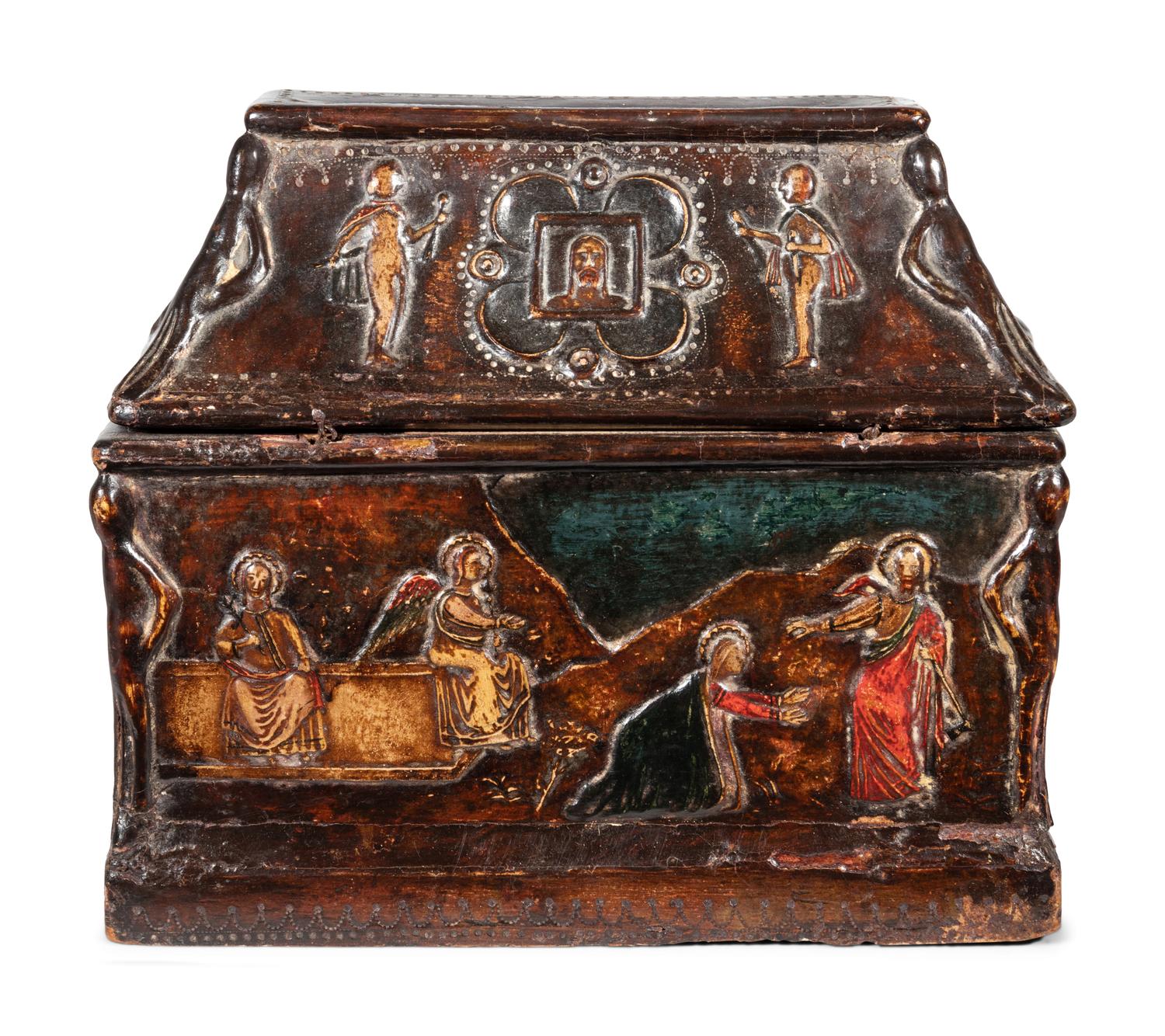An Italian Polychrome Decorated Salt Box Depicting Scenes from the Crucifixion