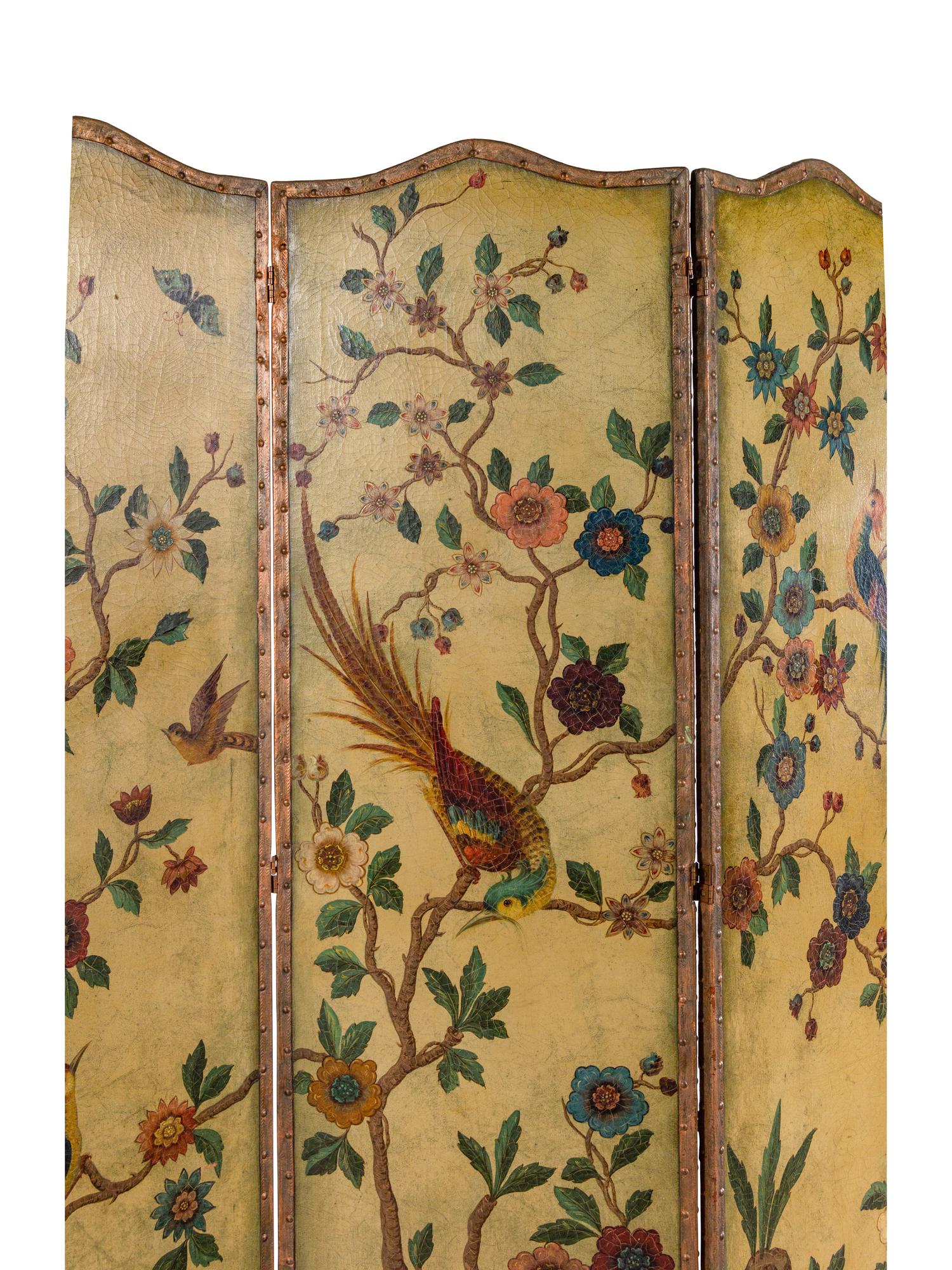 A Continental Painted Leather Three-Panel Floor Screen