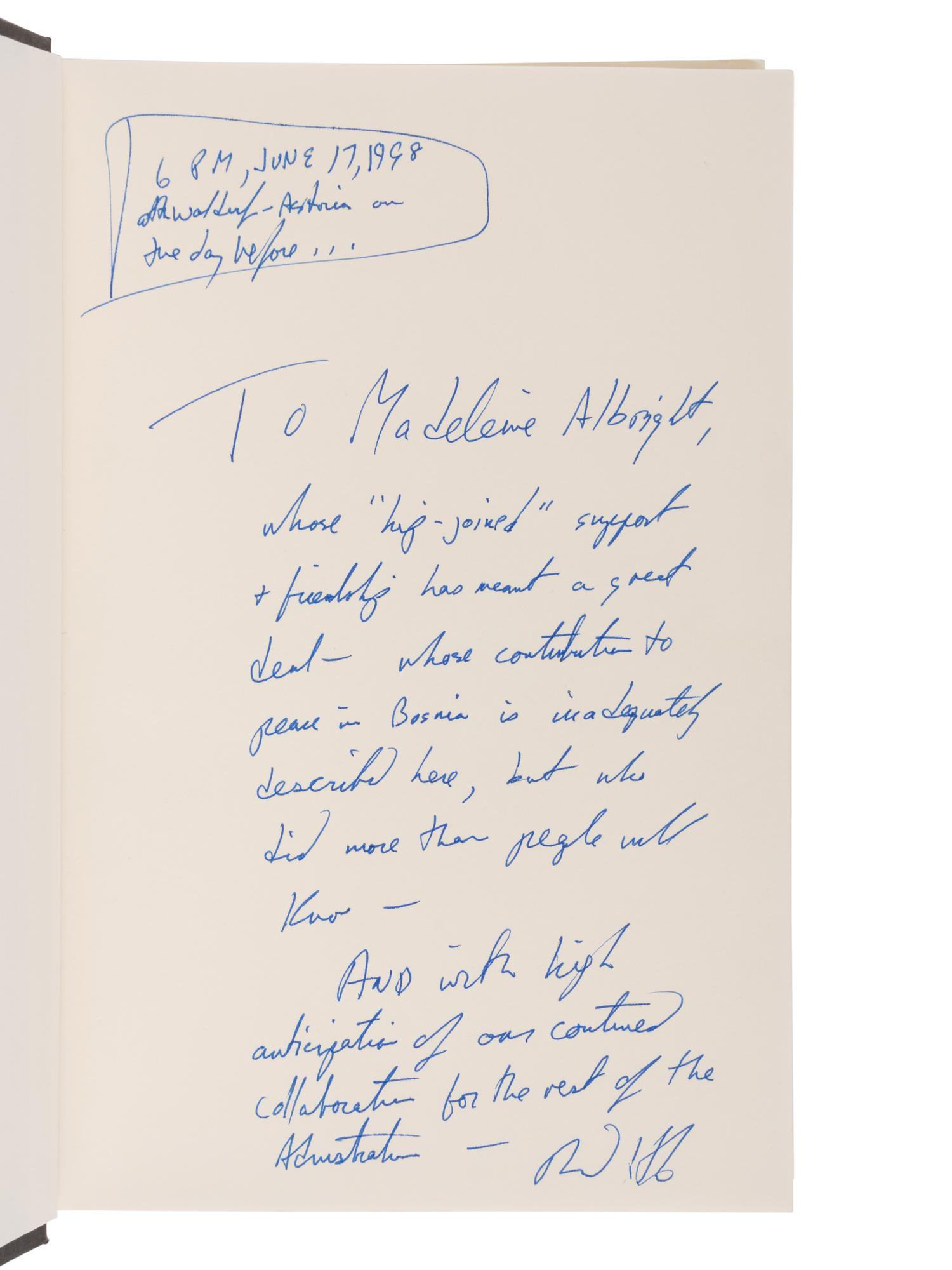 HOLBROOKE, Richard. To End a War . 1998. FIRST EDITION, FIRST ISSUE. INSCRIBED BY HOLBROOKE TO SECRETARY ALBRIGHT.