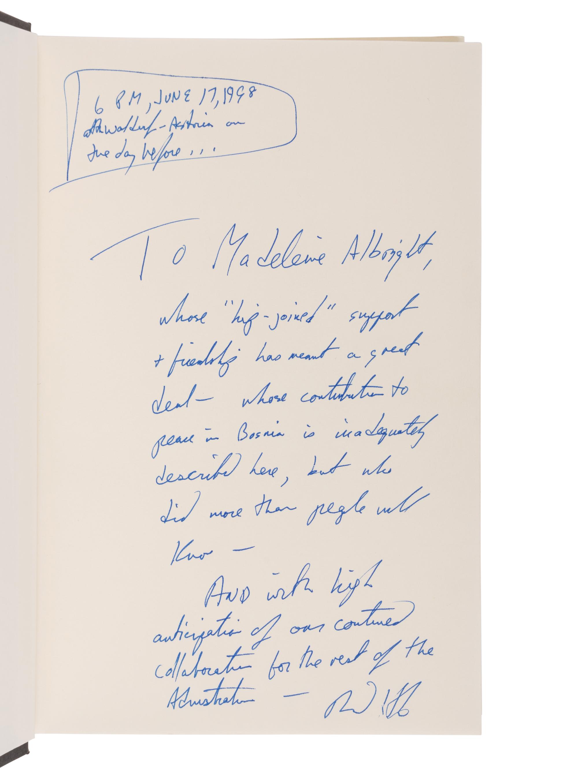HOLBROOKE, Richard. To End a War . 1998. FIRST EDITION, FIRST ISSUE. INSCRIBED BY HOLBROOKE TO SECRETARY ALBRIGHT.