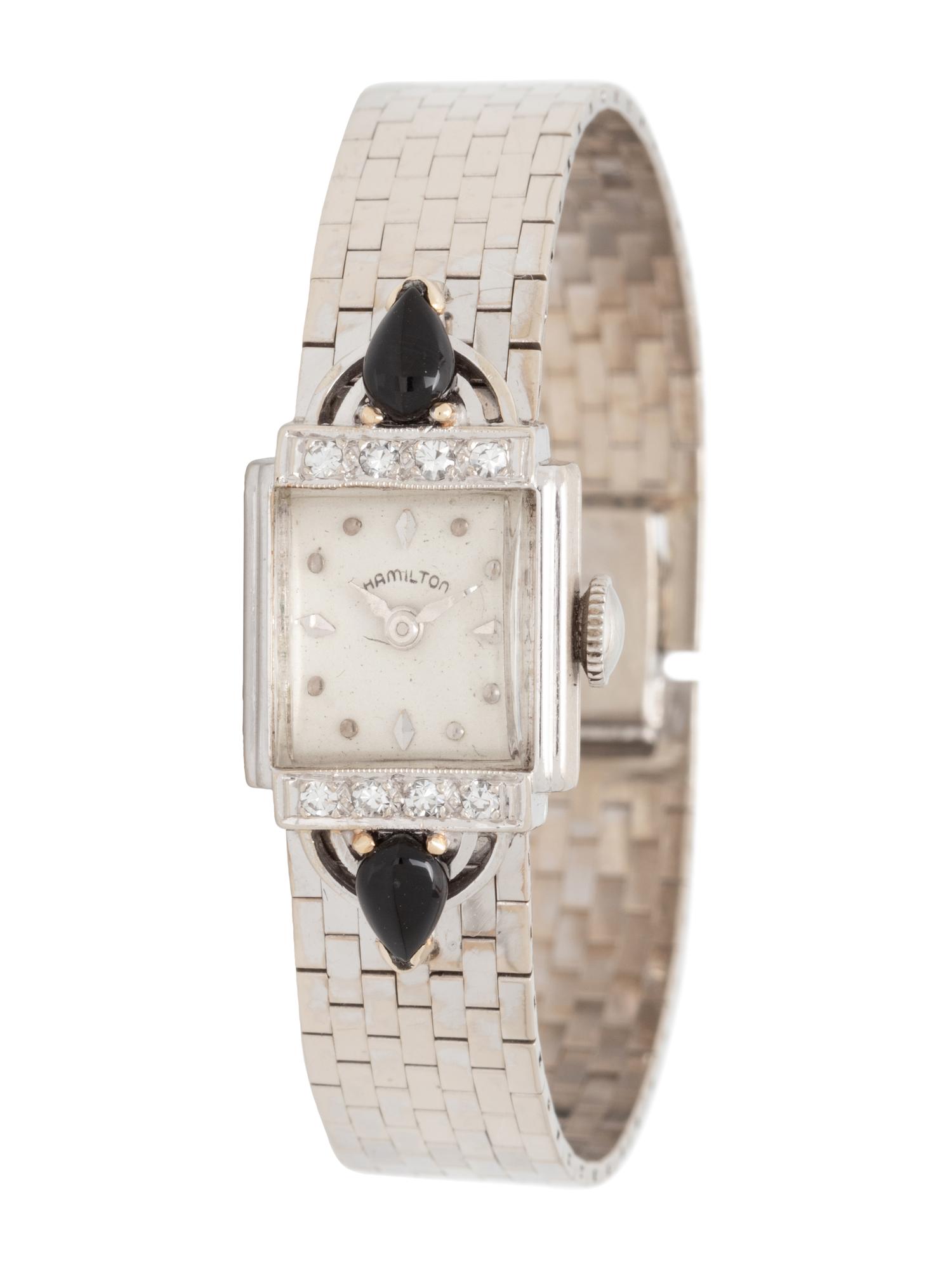 HAMILTON, 14K WHITE GOLD, ONYX AND DIAMOND WRISTWATCH