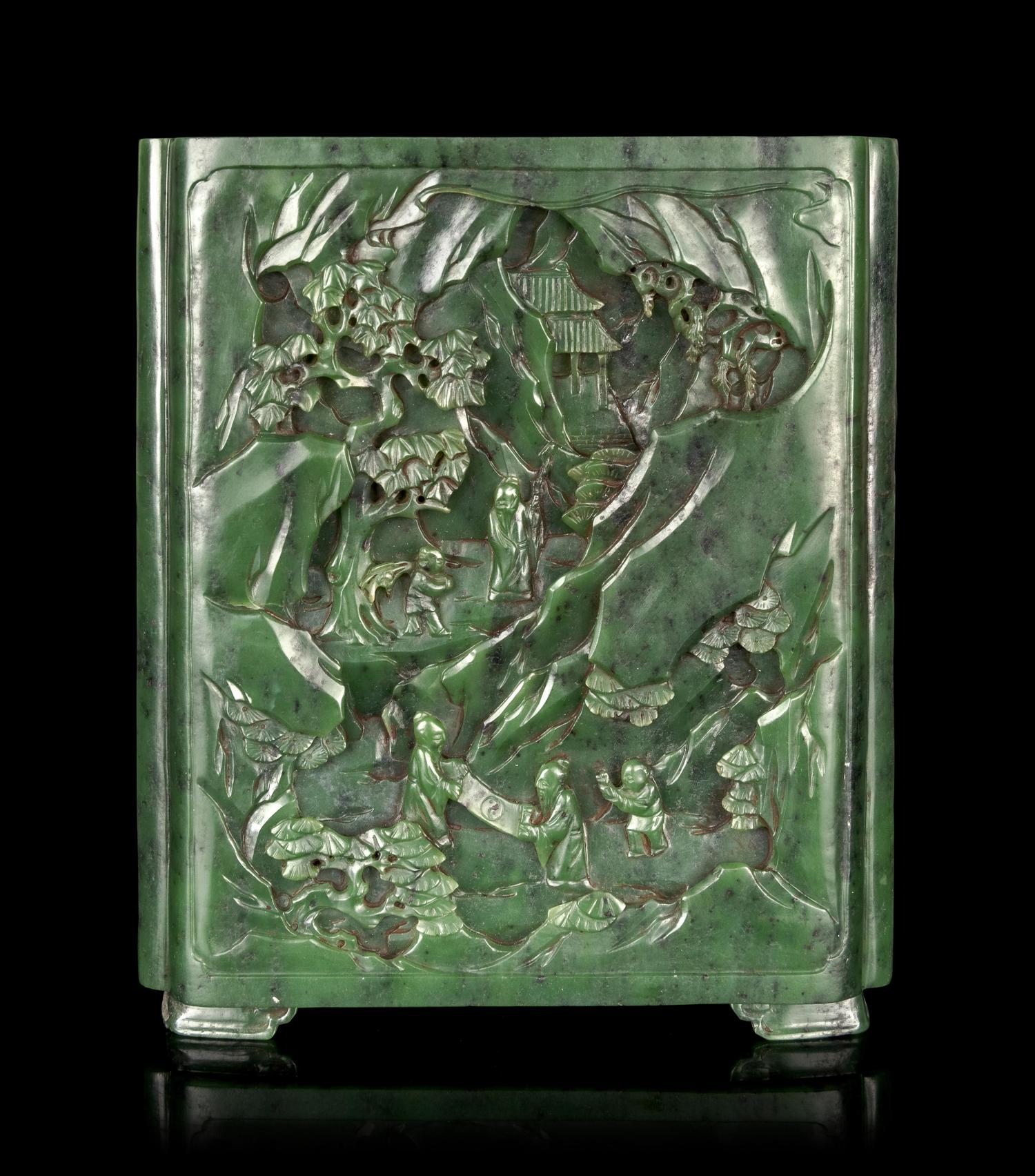 A Carved Spinach Jade 'Landscape' Square Brush Pot