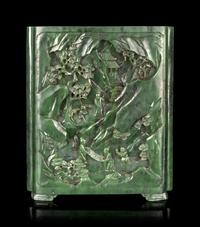 A Carved Spinach Jade 'Landscape' Square Brush Pot