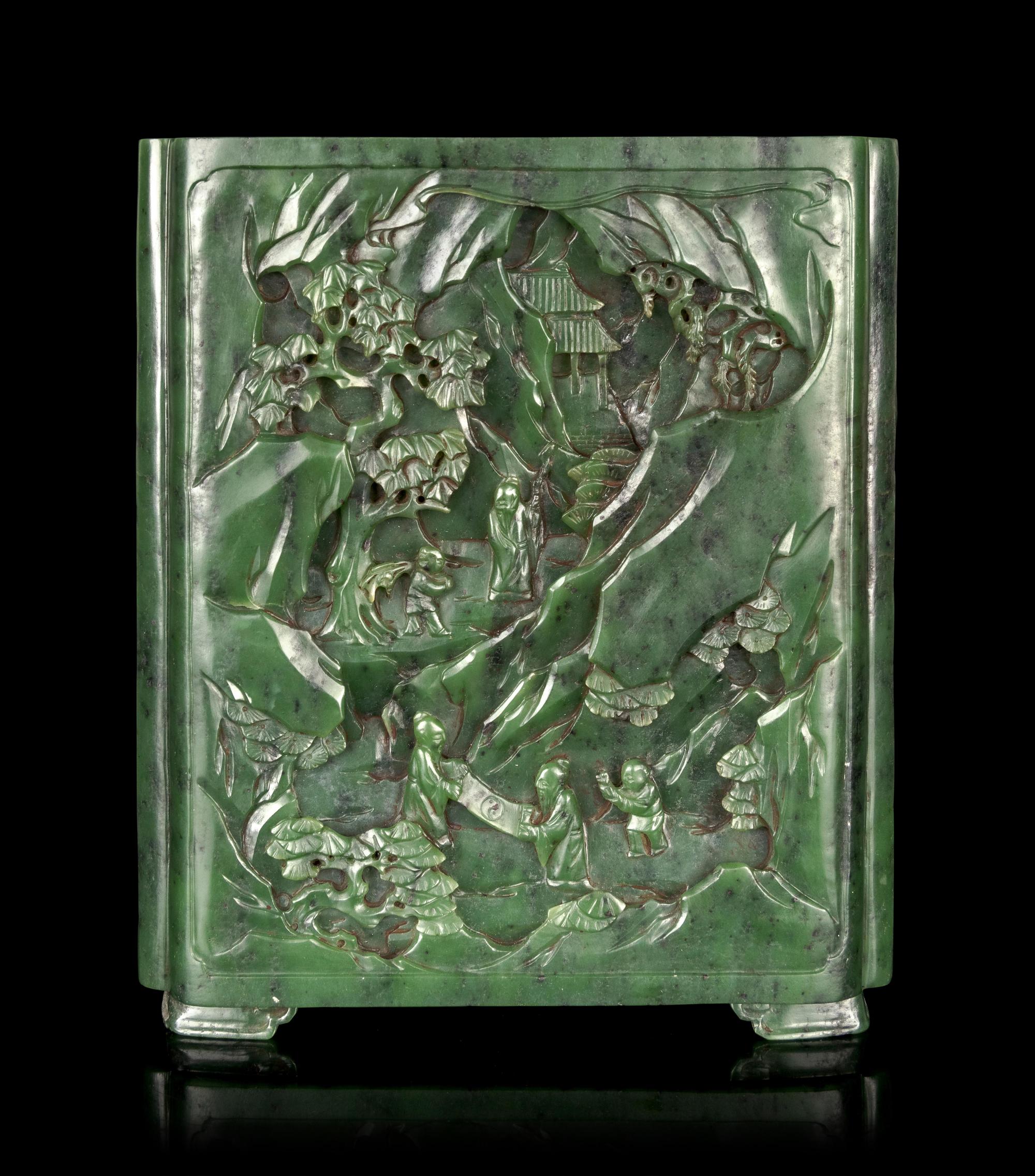 A Carved Spinach Jade 'Landscape' Square Brush Pot