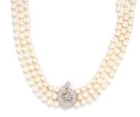 A Triple Strand Cultured Pearl Necklace with White Gold and Diamond Clasp,