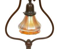 A Handel Bronze Desk Lamp and Two Steuben Aurene Glass Shades