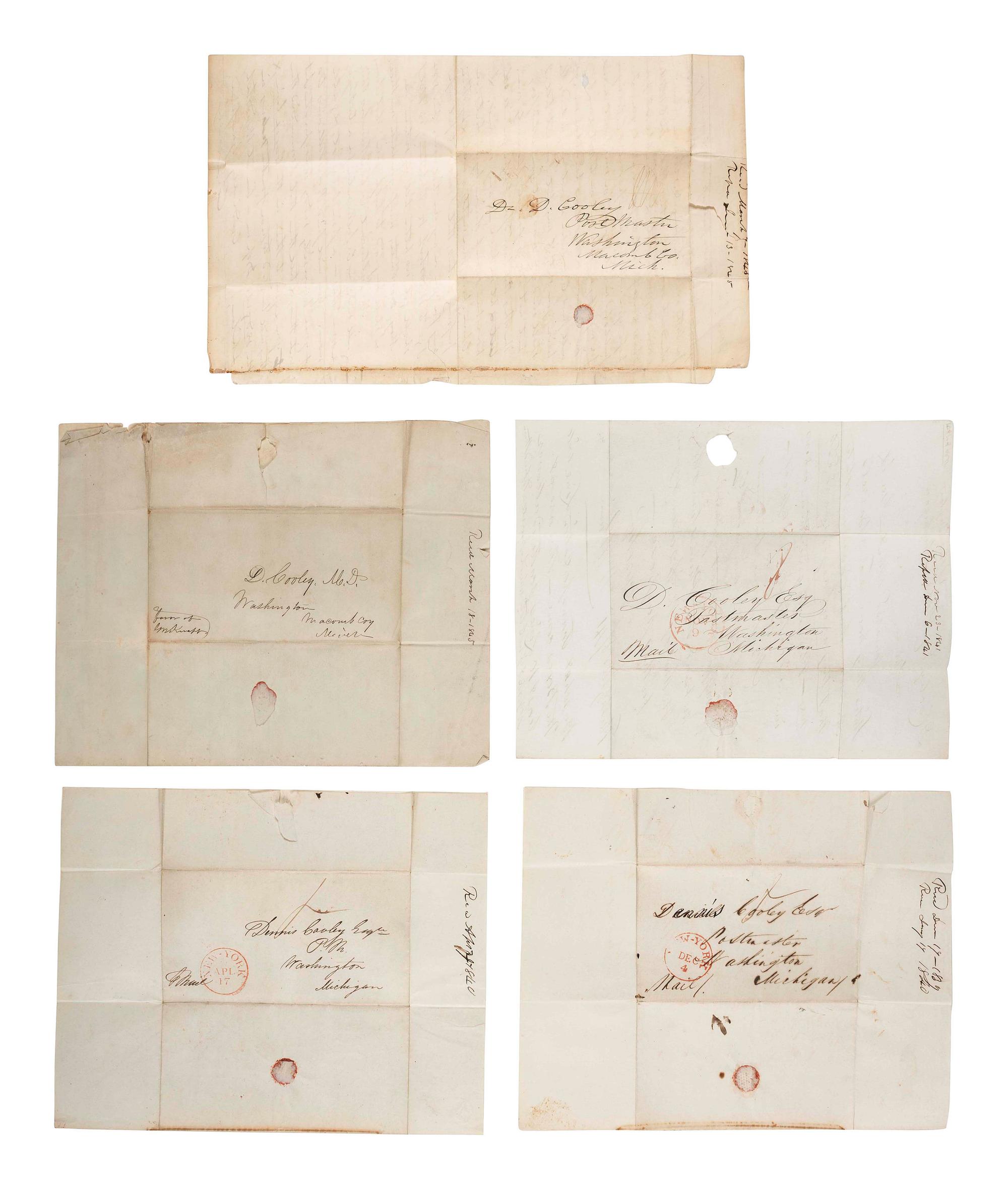 [GENERAL AMERICANA]. A group of 19th century letters and legal documents, highlighted by correspondence with Dr. Dennis Cooley (1789-1860), noted botanist and Postmaster at Washington, Macomb County, Michigan.