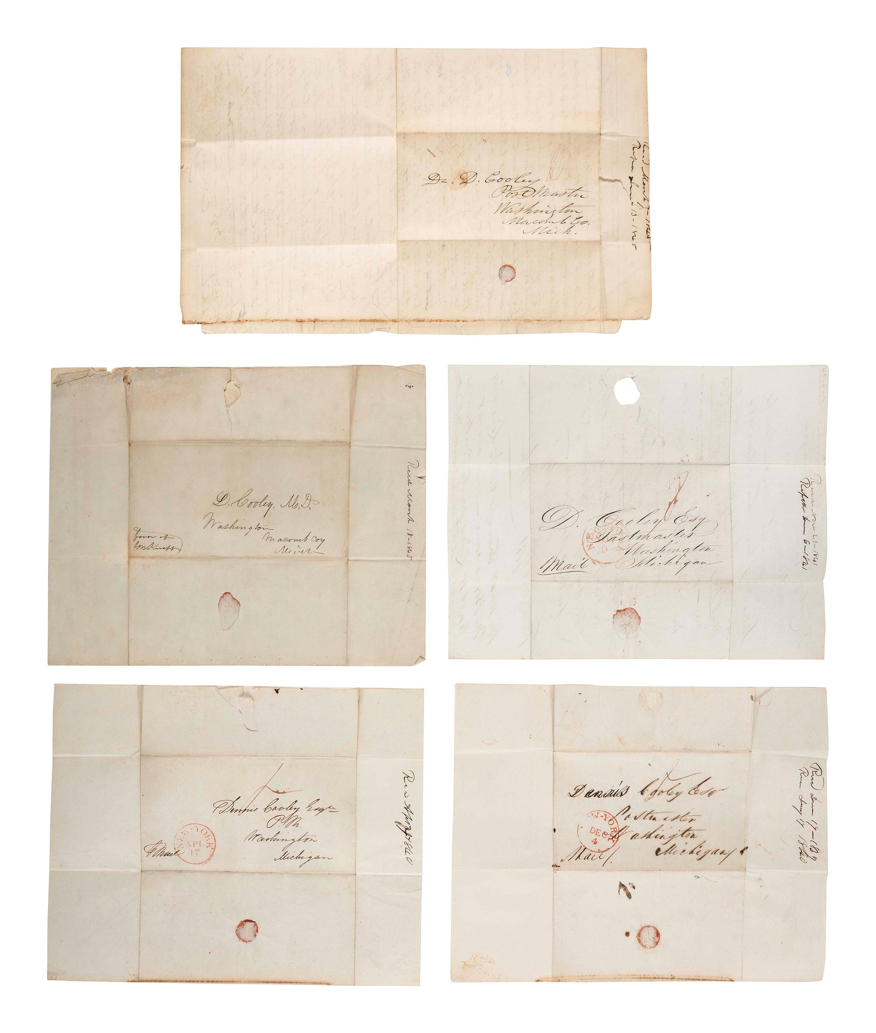[GENERAL AMERICANA]. A group of 19th century letters and legal documents, highlighted by correspondence with Dr. Dennis Cooley (1789-1860), noted botanist and Postmaster at Washington, Macomb County, Michigan.