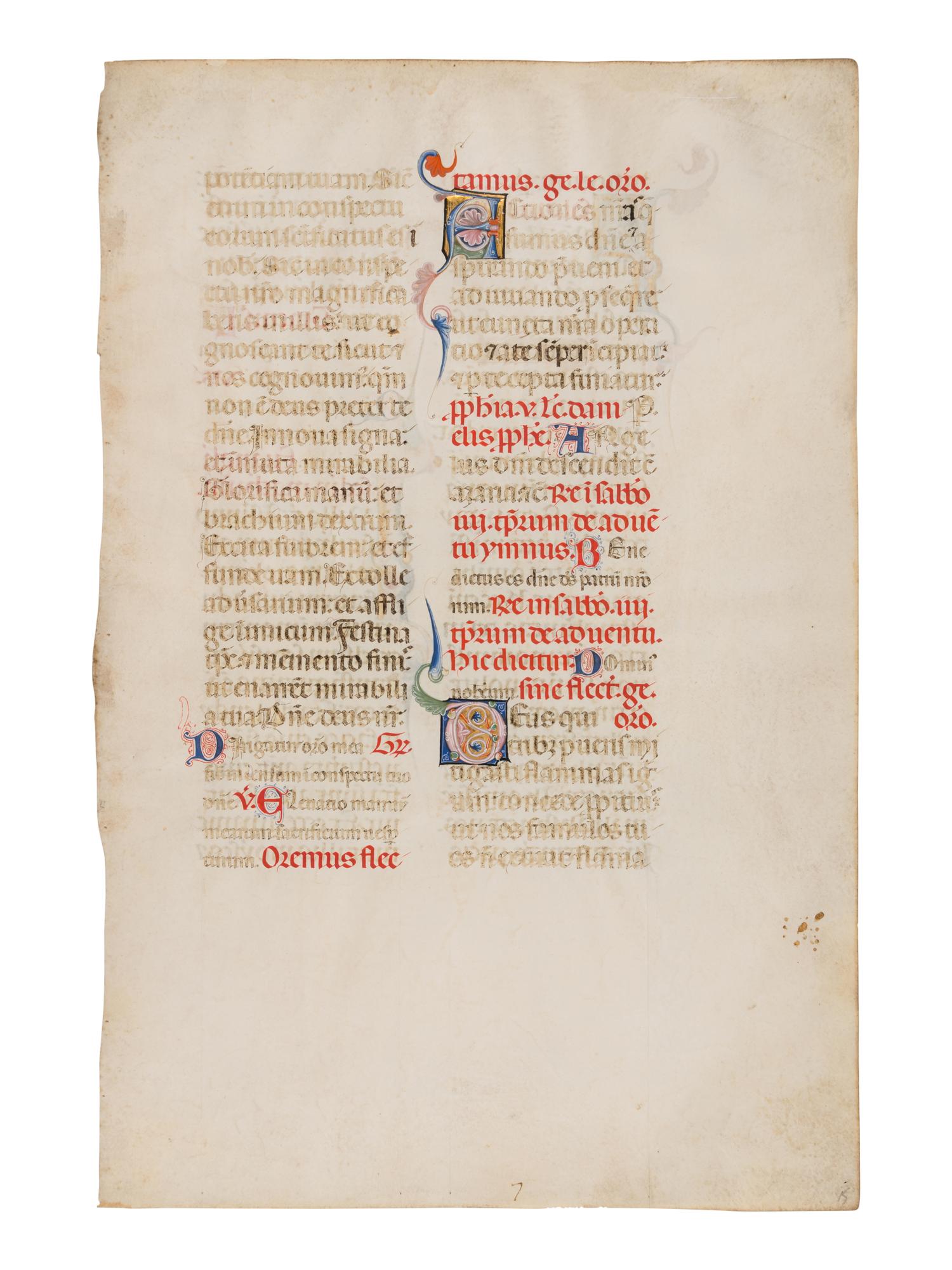 PERUGIAN ILLUMINATOR (“MAESTRO DELLE FOGLIE HINDMAN”), (active Perugia, late thirteenth century) A leaf from a Missal, in Latin, illuminated manuscript on parchment [Italy, Perugia, c. 1280-1300]