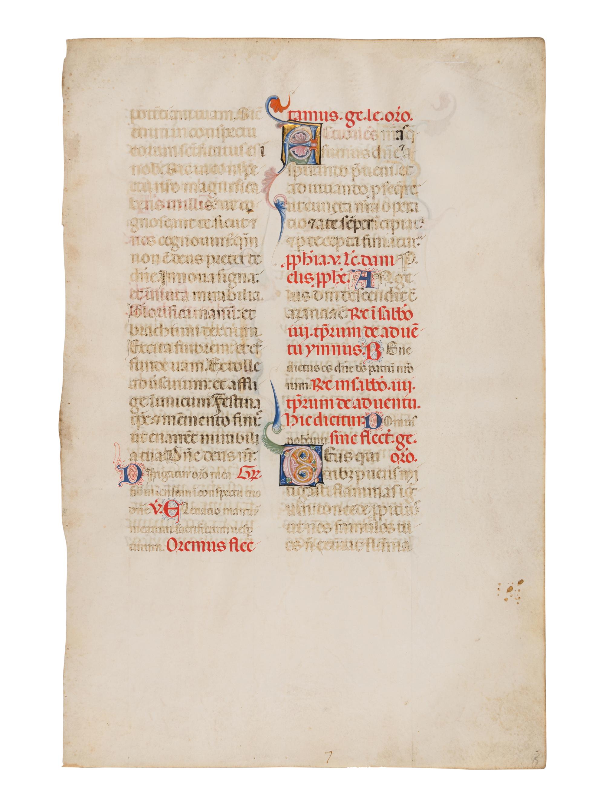 PERUGIAN ILLUMINATOR (“MAESTRO DELLE FOGLIE HINDMAN”), (active Perugia, late thirteenth century) A leaf from a Missal, in Latin, illuminated manuscript on parchment [Italy, Perugia, c. 1280-1300]