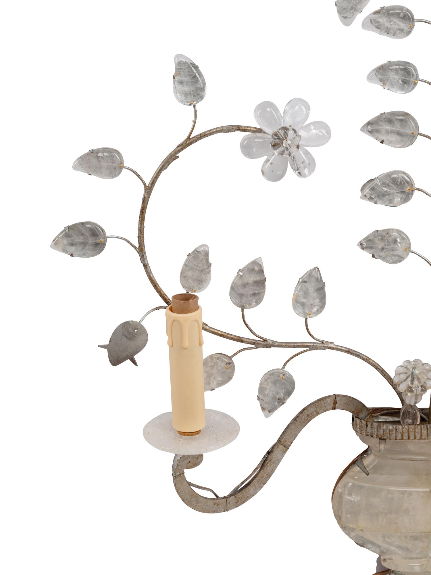 A Pair of Silvered Metal and Rock Crystal Two-Light Sconces in the Style of Maison Baguès