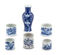 A Group of Five Chinese Blue and White Porcelain Brush Pots with One Vase