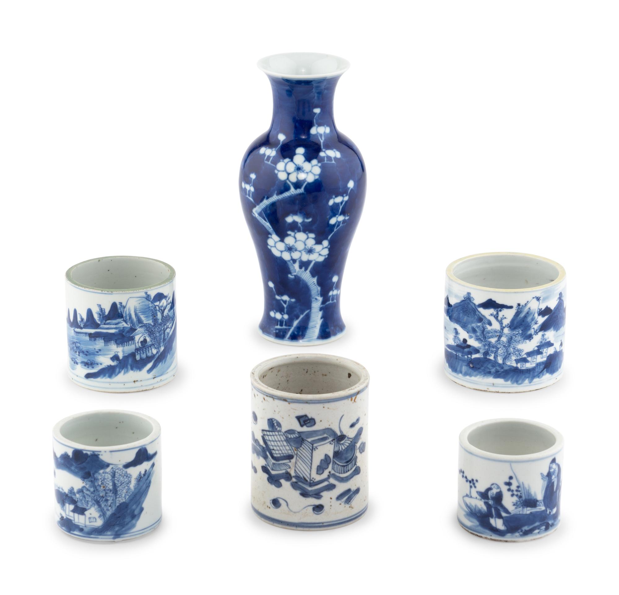 A Group of Five Chinese Blue and White Porcelain Brush Pots with One Vase