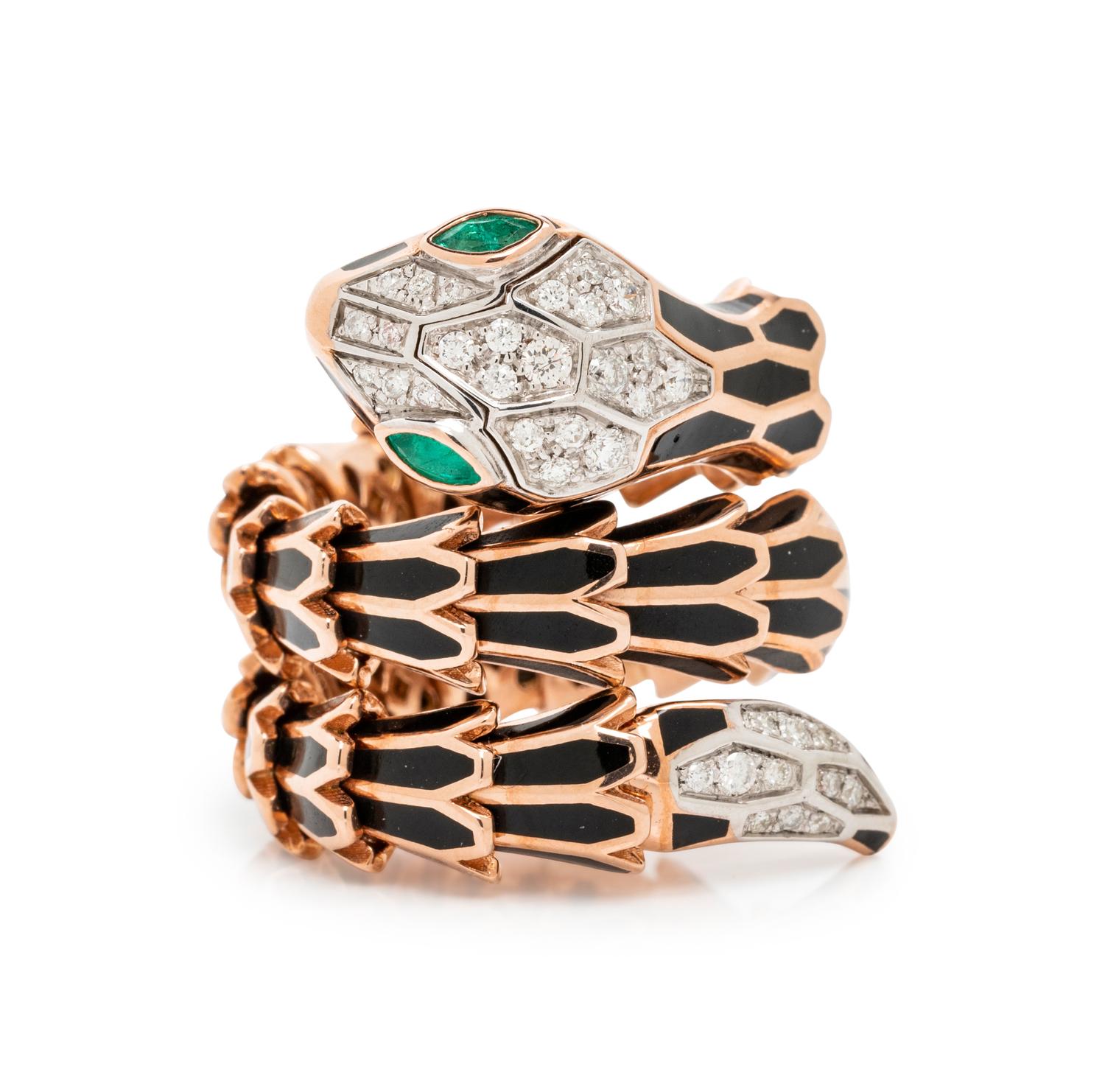 ROSE GOLD, ENAMEL AND DIAMOND SNAKE RING
