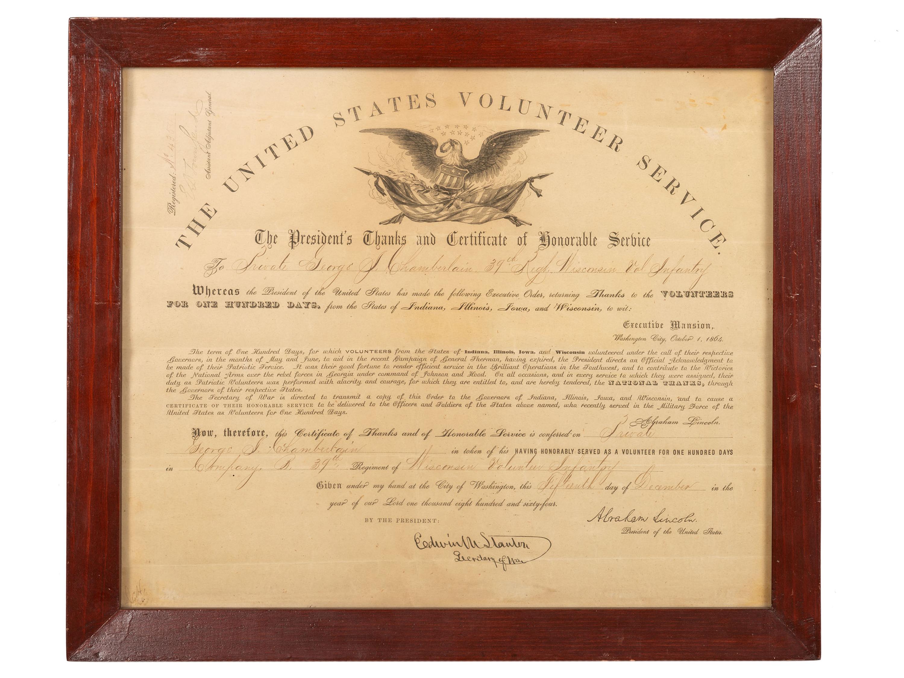 [CIVIL WAR]. A group of 6 Civil War discharge certificates for Wisconsin soldiers, comprising: