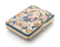 A Russian Enameled Silver Cigarette Case, Maker's and kokoshnik marks obscured, of rectangular form, the case with an enameled beige gr