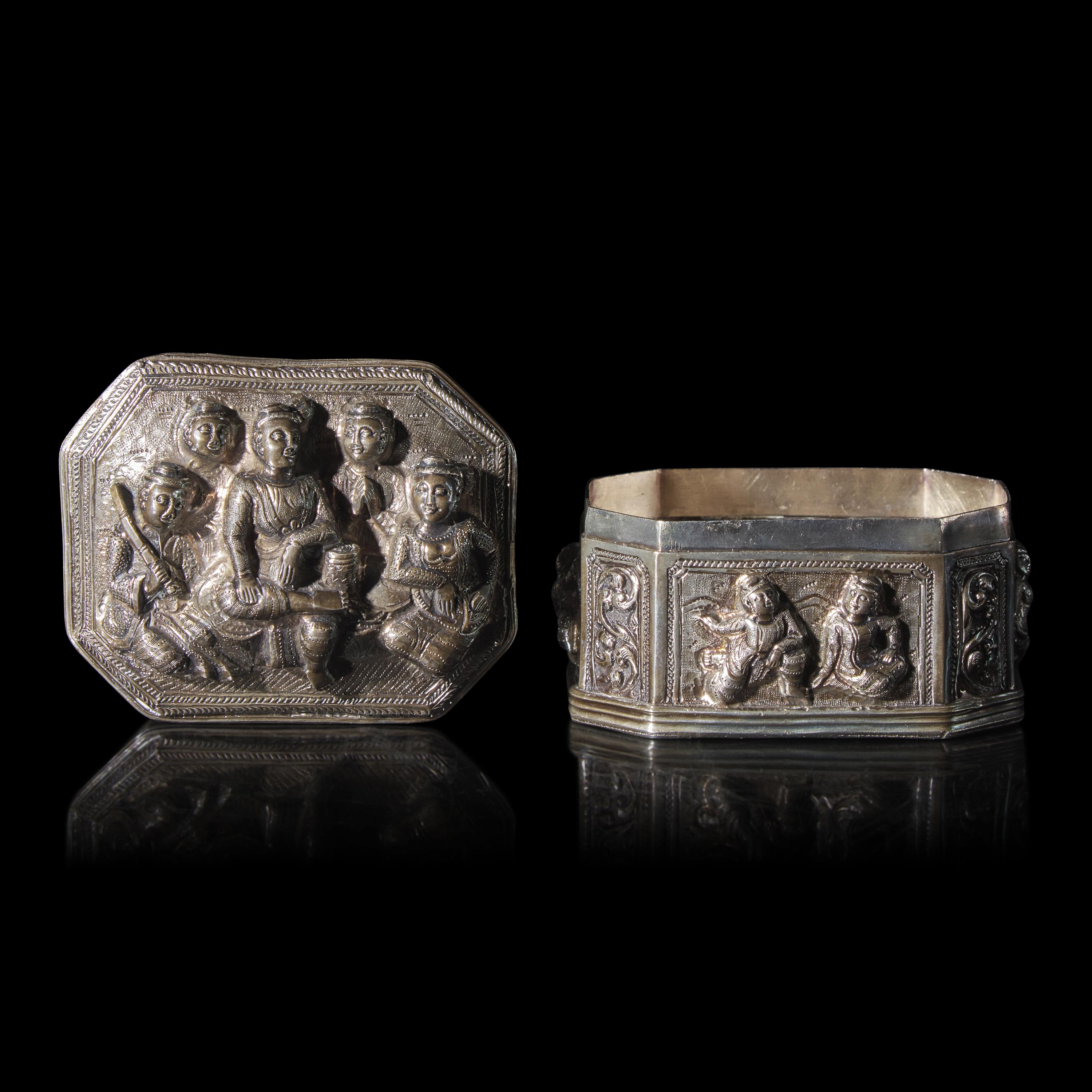 Two Burmese Silver Boxes, a Metal Bowl, and Two Silver Covered Vessels