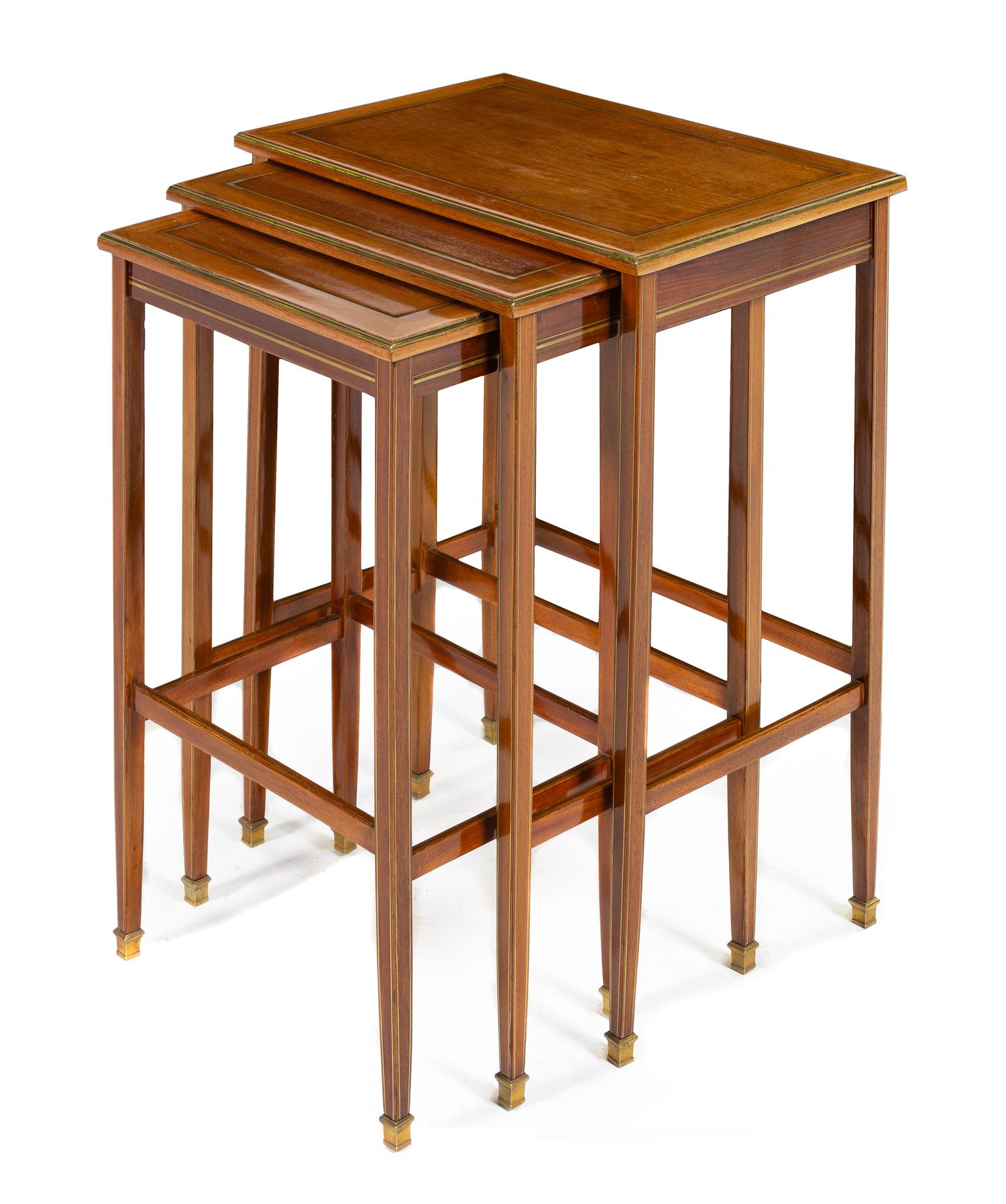 Three Napoleon III Brass Inlaid Mahogany Nesting Tables Height 28 inches. — LATE 19TH CENTURY
