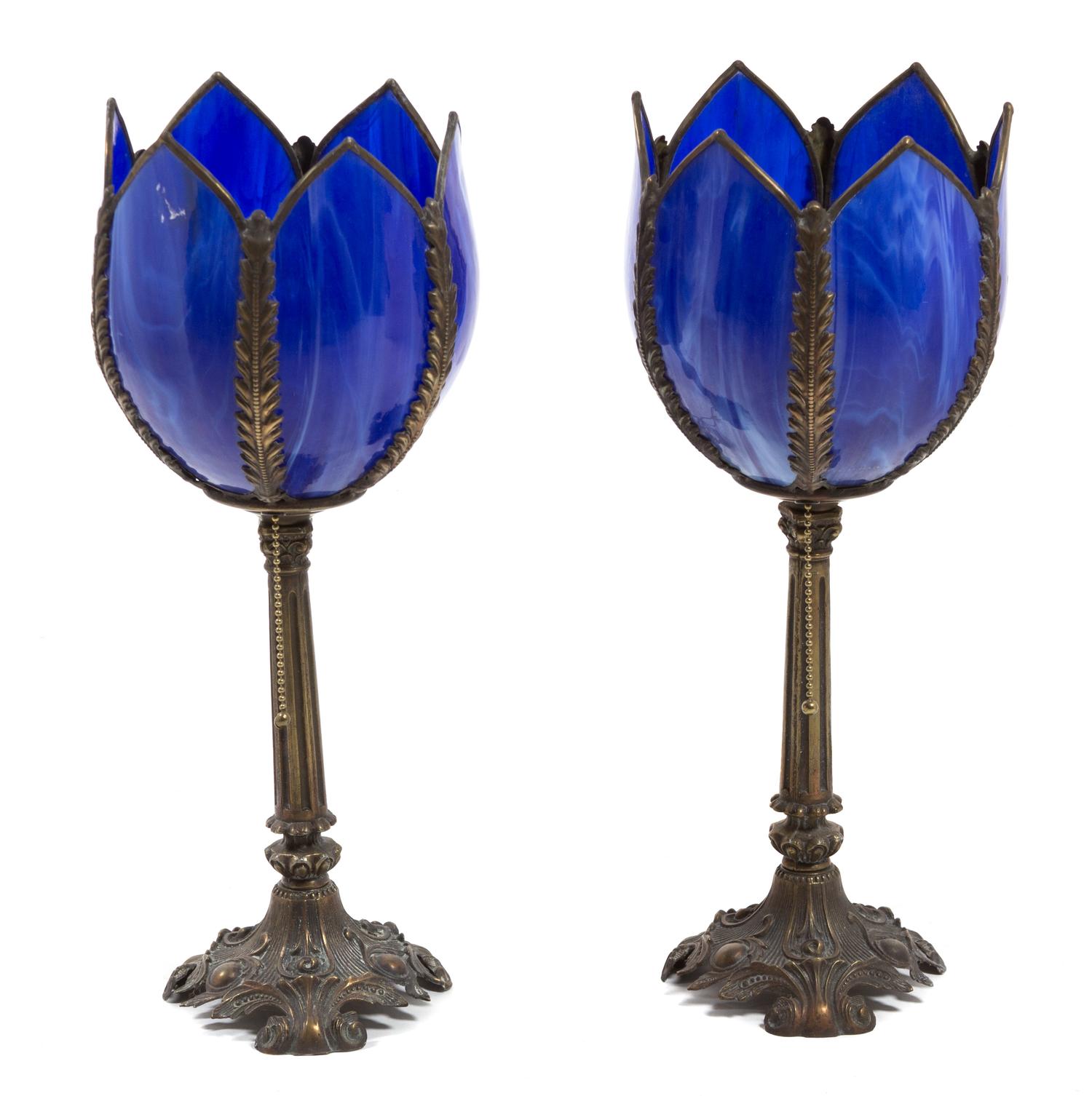 A Pair of Bronzed Metal and Blue Slag Glass Tulip Lamps Height 17 3/4 inches. — 20TH CENTURY