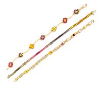 A Collection of 14 Karat Yellow Gold and Multigem Bracelets,