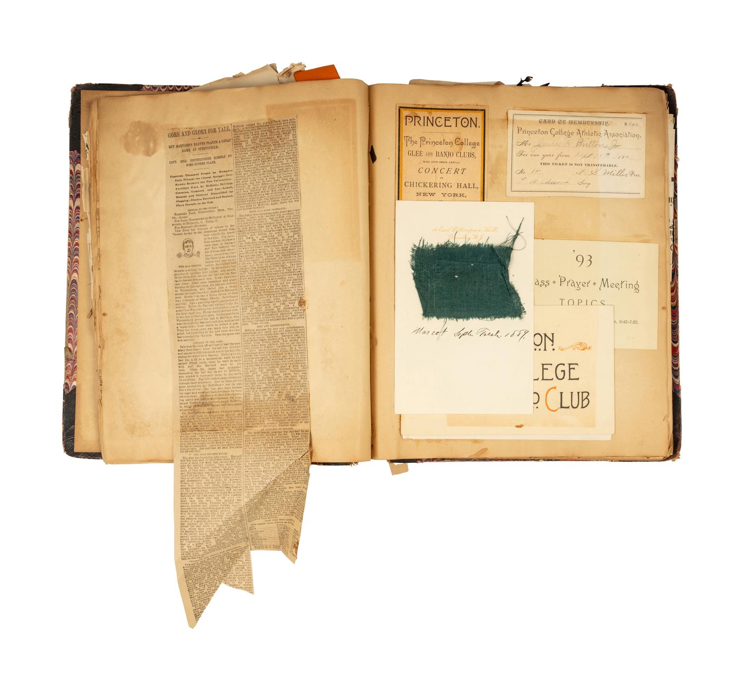 A Historical Princeton Scrapbook Featuring Princeton vs. Yale Nov. 28 Championship Game Football Ticket at Berkely Oval, ca. 1889-90