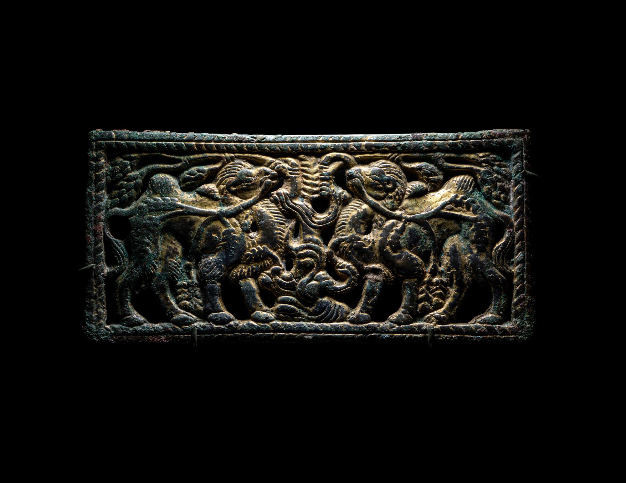 An Ordos Gilt-Bronze Plaque with Mythological Creatures