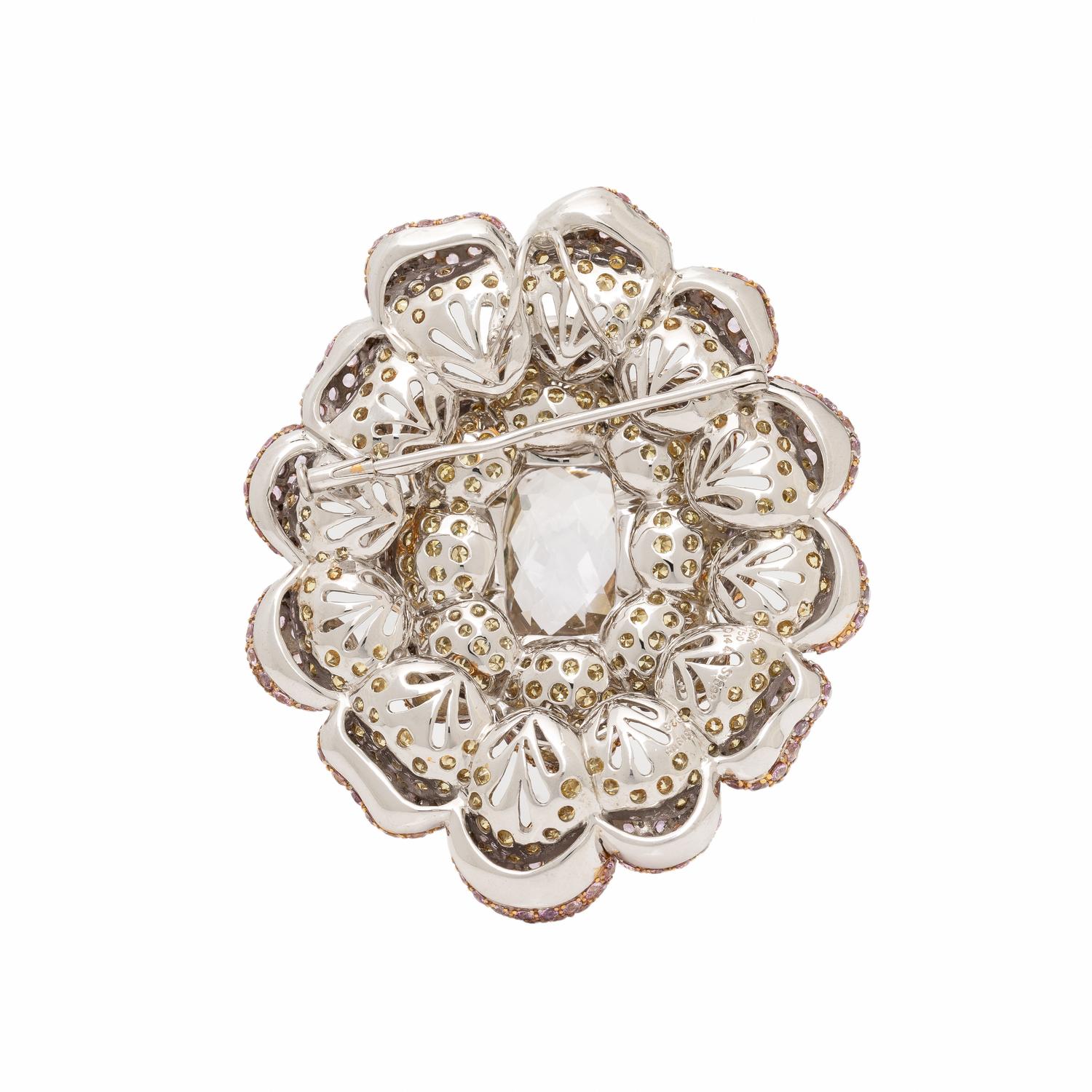 Rose Quartz, Diamond, Sapphire, and Tricolor Gold Flower Pendant Brooch