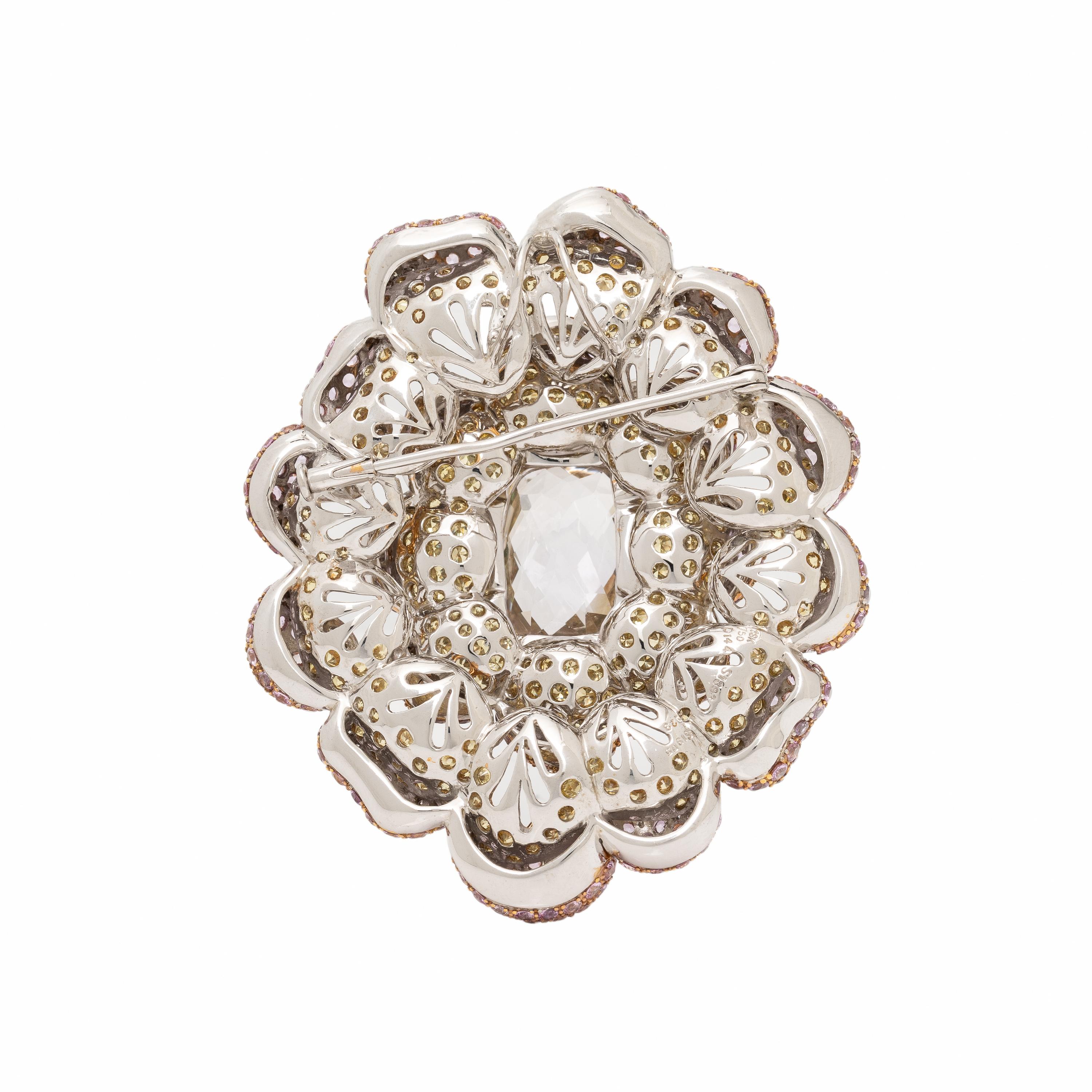 Rose Quartz, Diamond, Sapphire, and Tricolor Gold Flower Pendant Brooch
