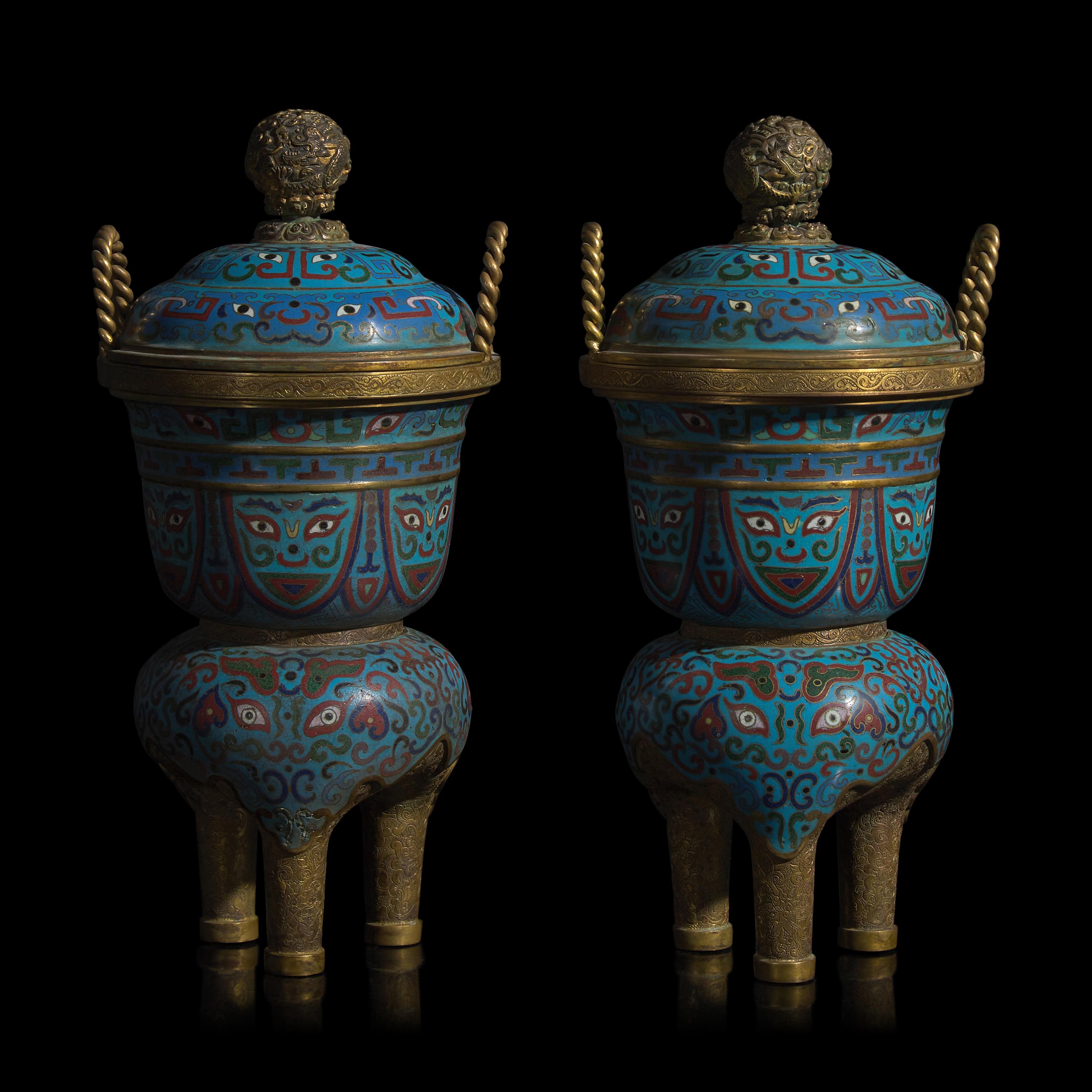 A Pair of Chinese Cloisonné Covered Tripod Vessels, 20th Century 近代 掐絲琺瑯仿古三足爐一對