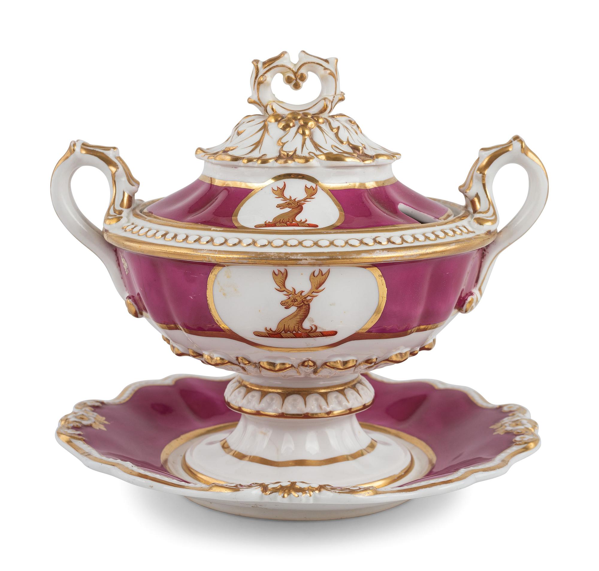 An English Parcel-Gilt and Puce Decorated Porcelain Dinner Service