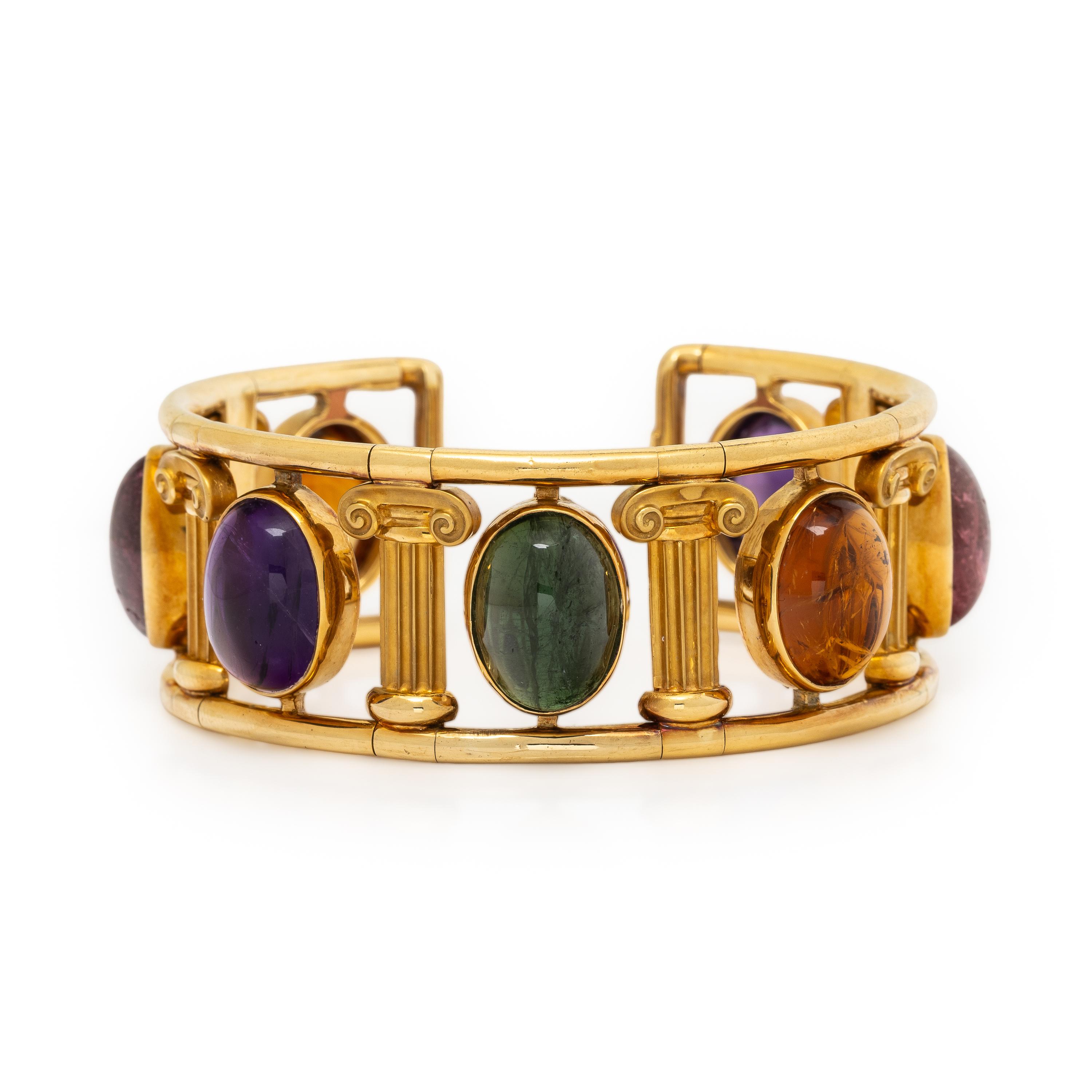 Multigem and Yellow Gold Cuff Bracelet