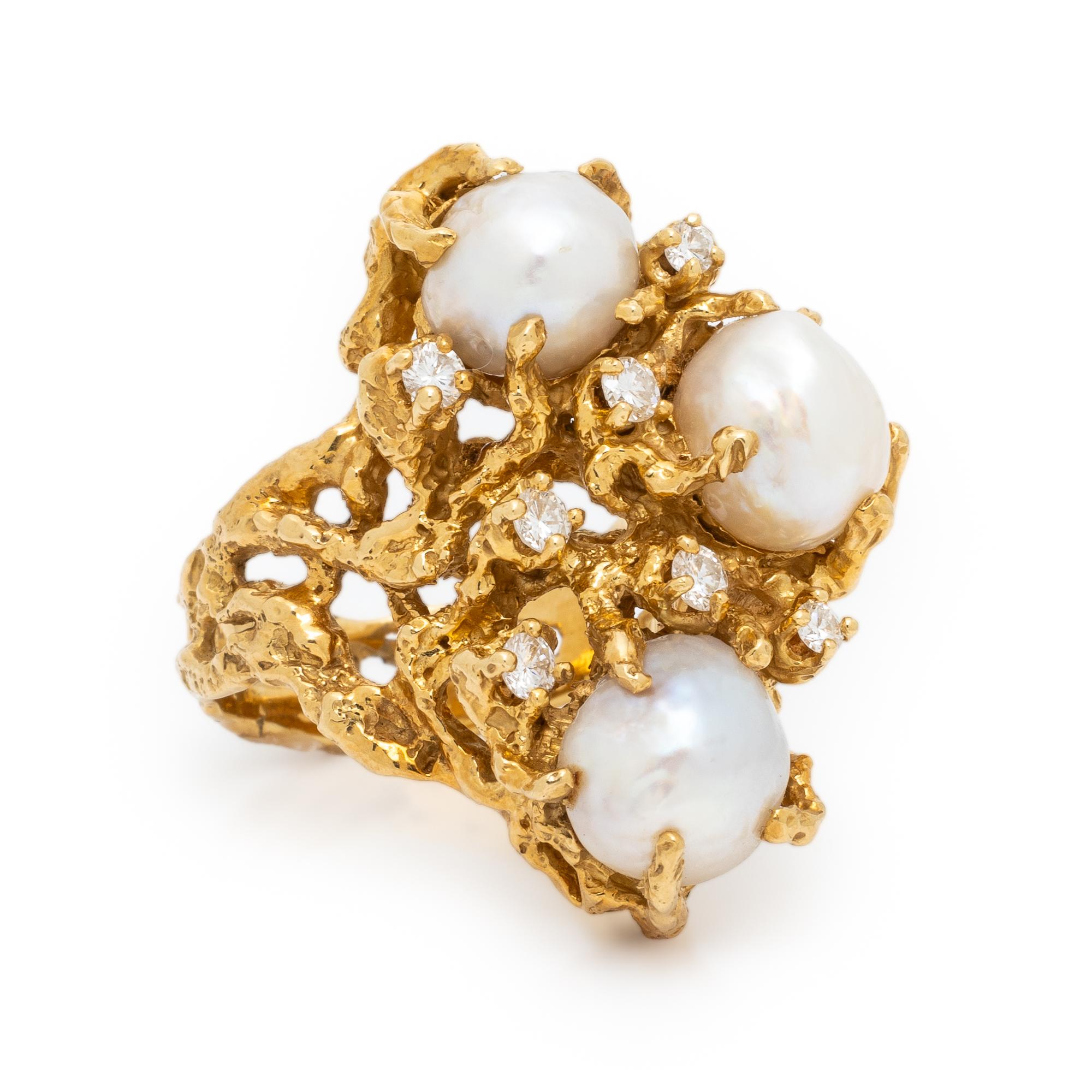 Arthur King, Cultured Biwa Pearl, Diamond, and Yellow Gold Ring