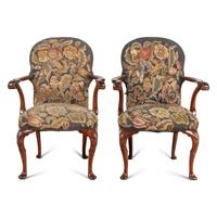 A Pair of George I Style Carved Mahogany and Needlework Upholstered Armchairs