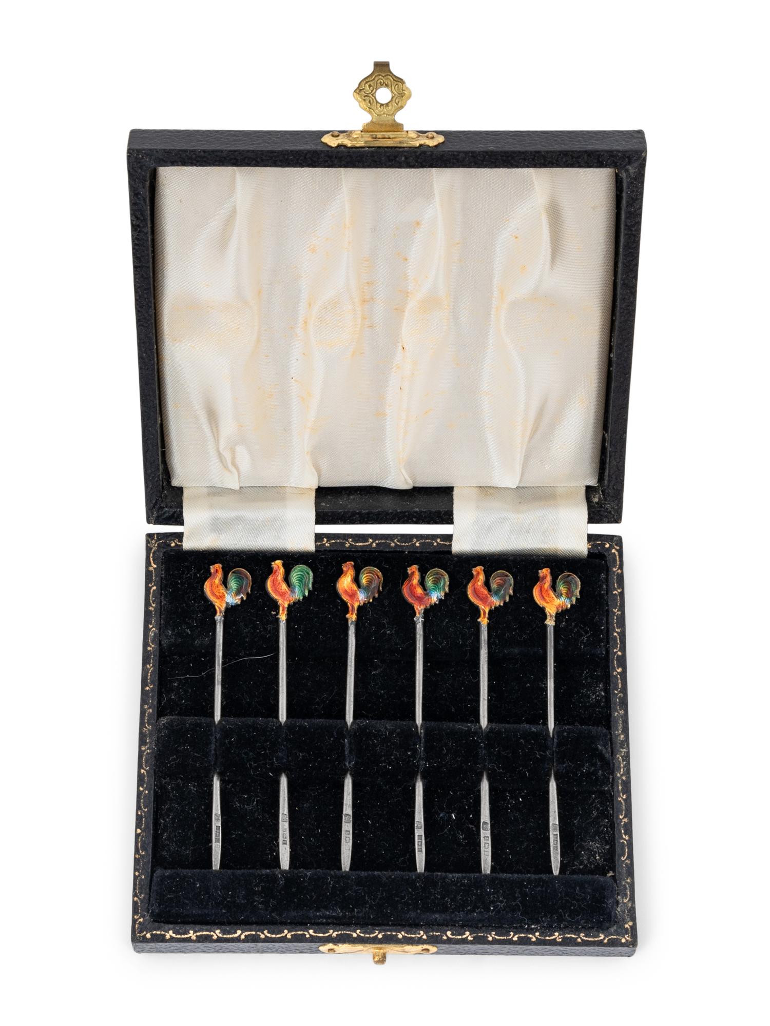 A Collection of Enameled Silver 'Rooster' Cocktail Picks