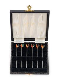A Collection of Enameled Silver 'Rooster' Cocktail Picks