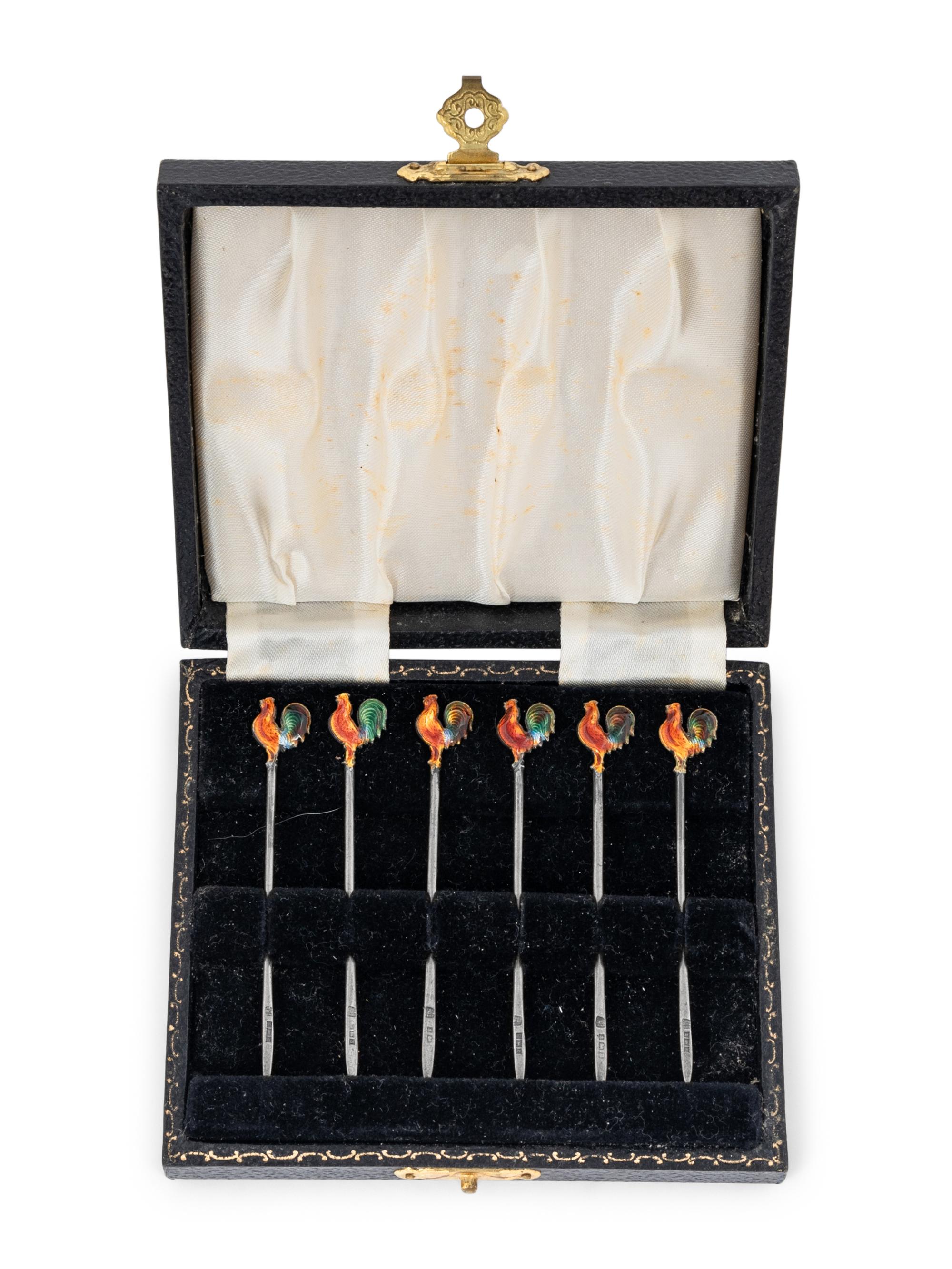 A Collection of Enameled Silver 'Rooster' Cocktail Picks