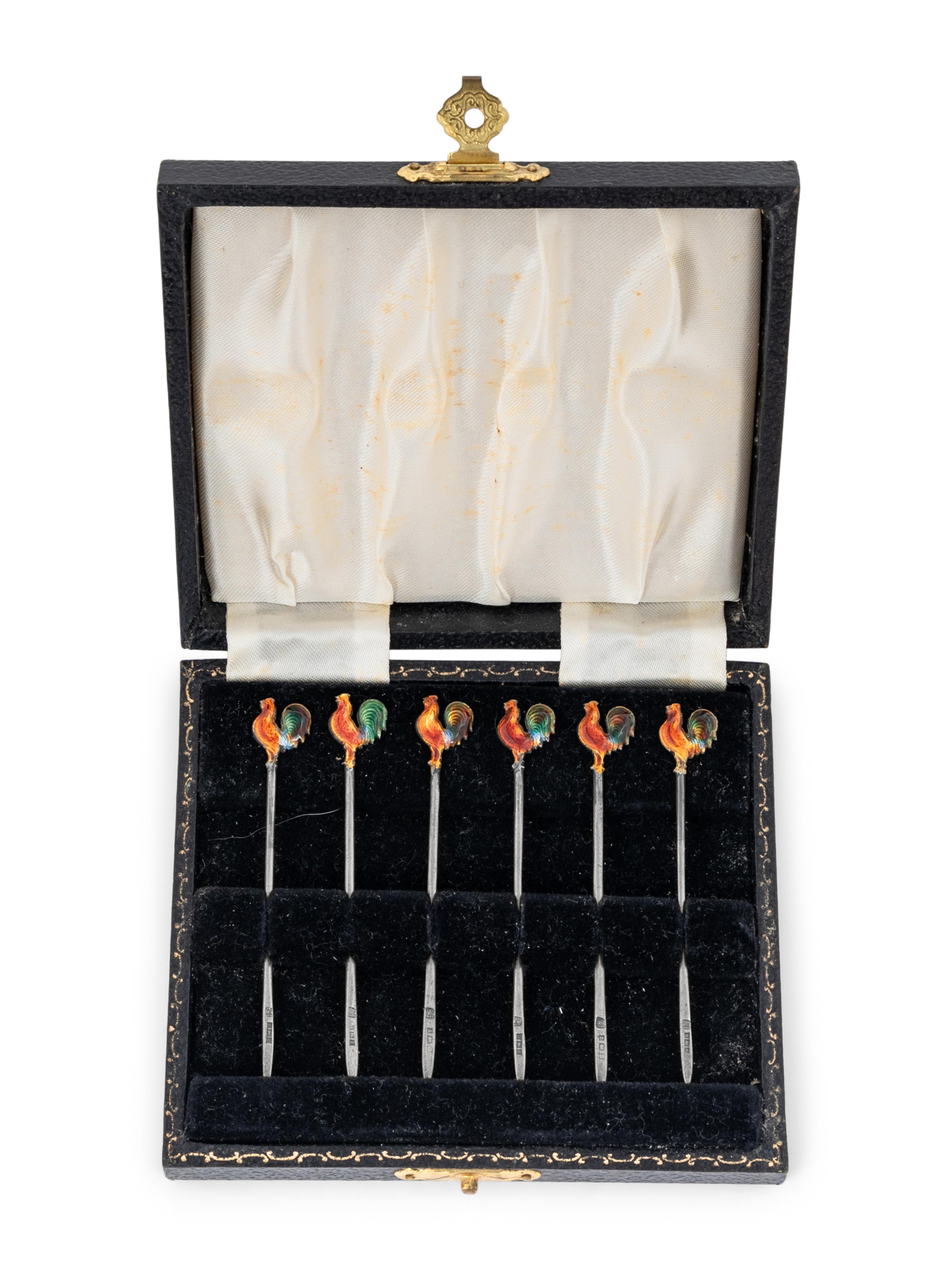 A Collection of Enameled Silver 'Rooster' Cocktail Picks