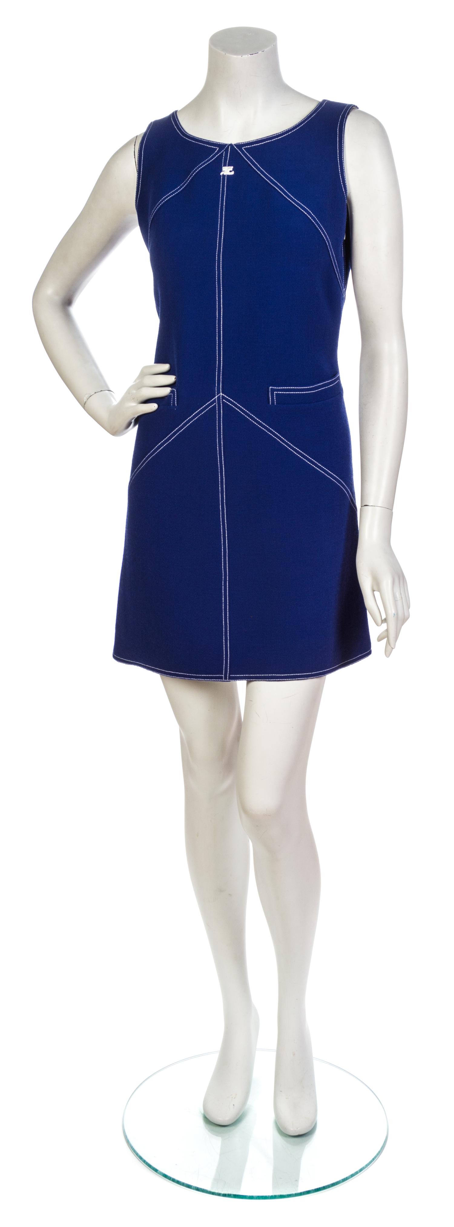 A Courreges Blue Wool Dress Ensemble, Jacket size 38, dress size 40.