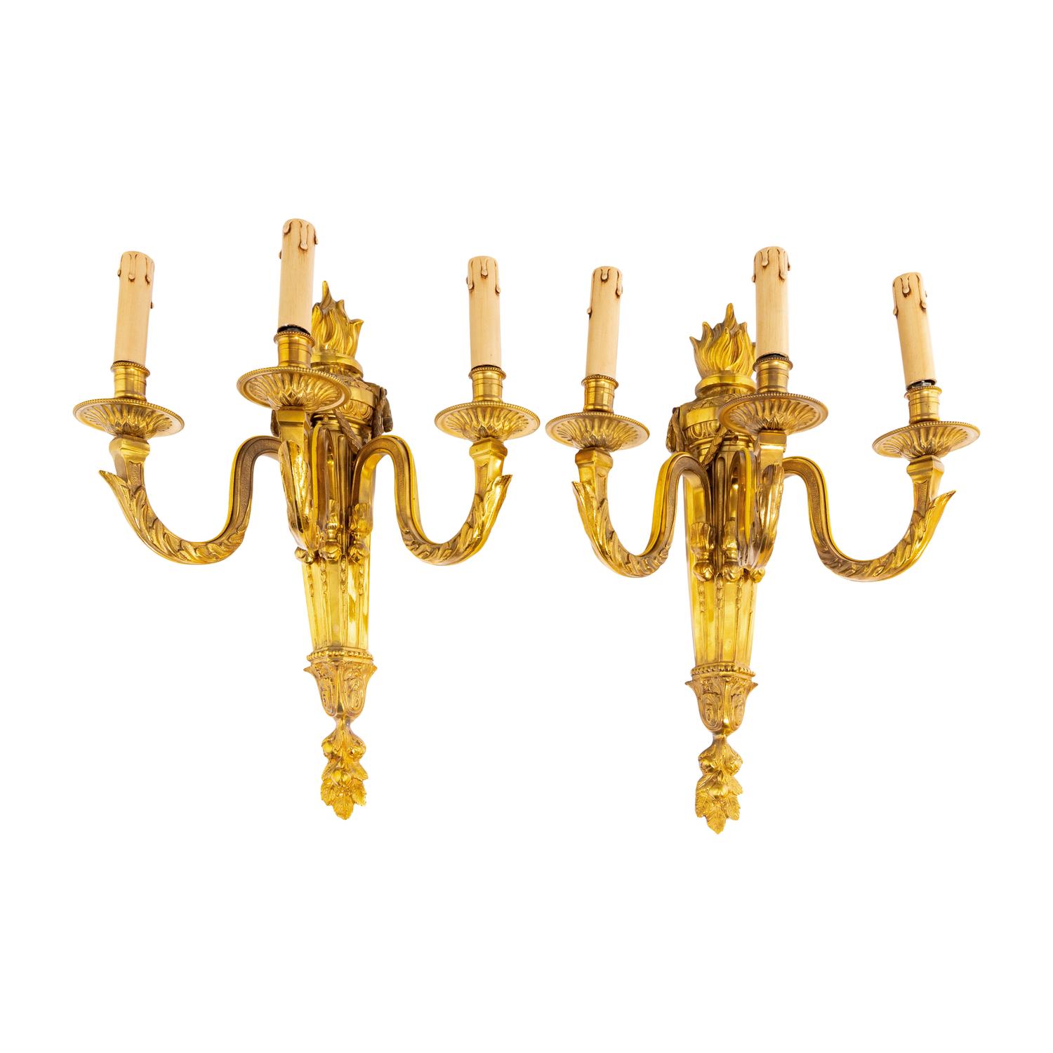 A Pair of Louis XVI Gilt Bronze Three-Light Sconces