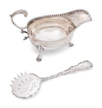 A George III Silver Sauce Boat and Serving Spoon