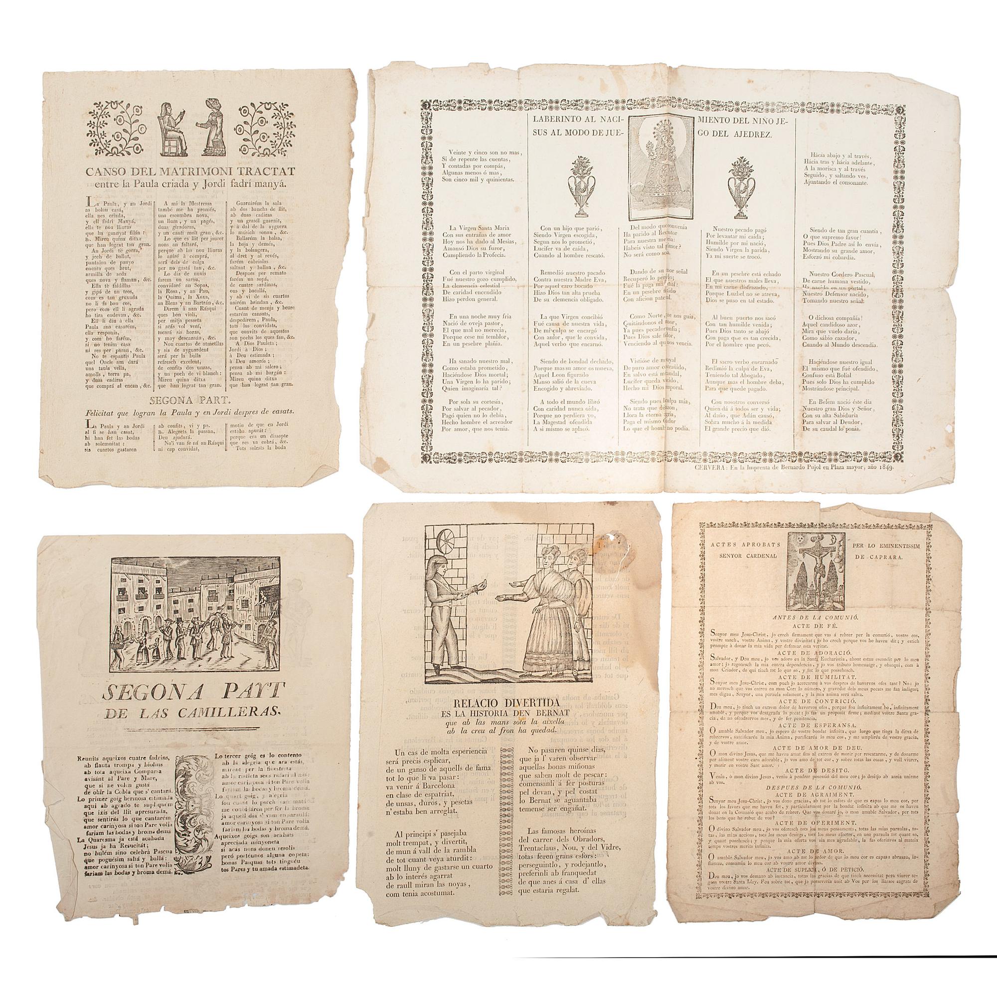 [EUROPE]. 12 Mid-19th Century Spanish broadsheets, many with woodcut illustrations and figures.