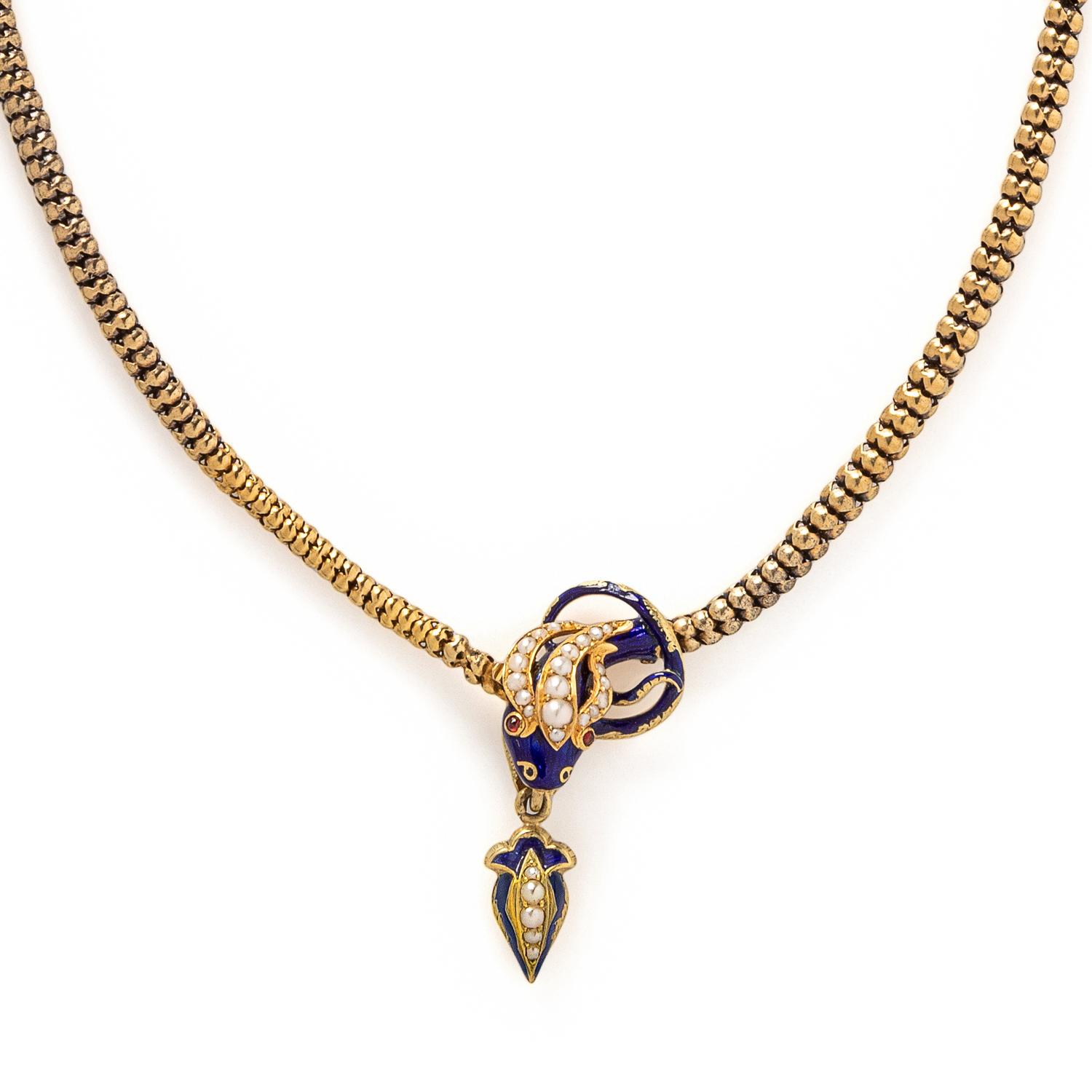 VICTORIAN, YELLOW GOLD, ENAMEL AND SEED PEARL SNAKE NECKLACE